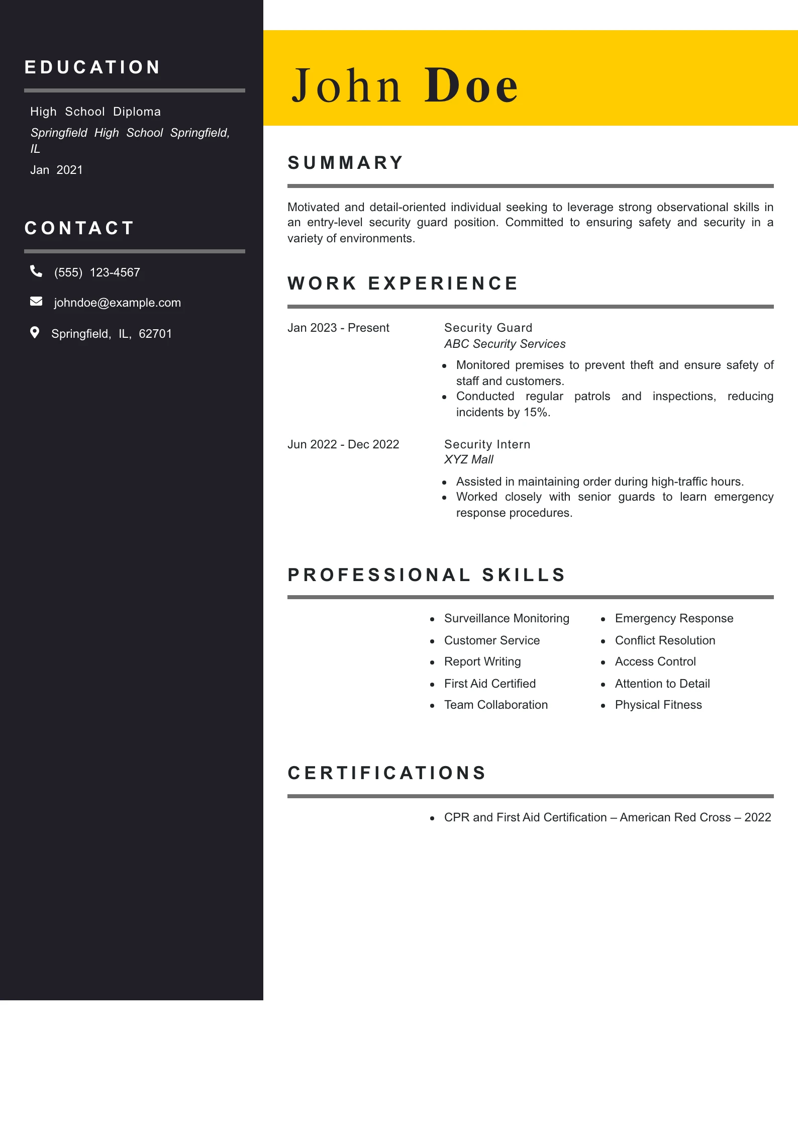 Entry Level Security Guard Resume Example