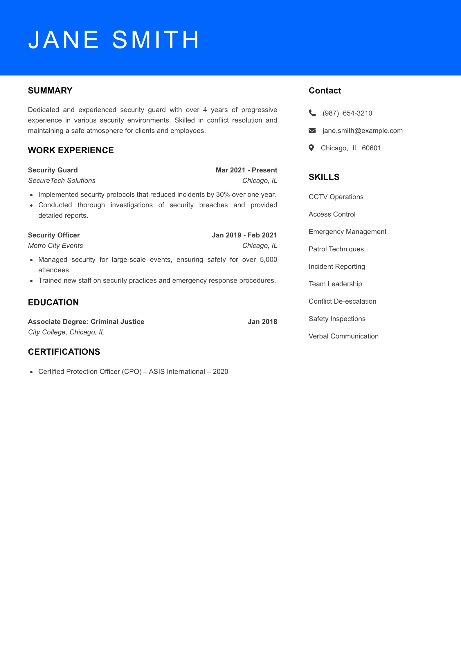 Mid Level Security Guard Resume Sample