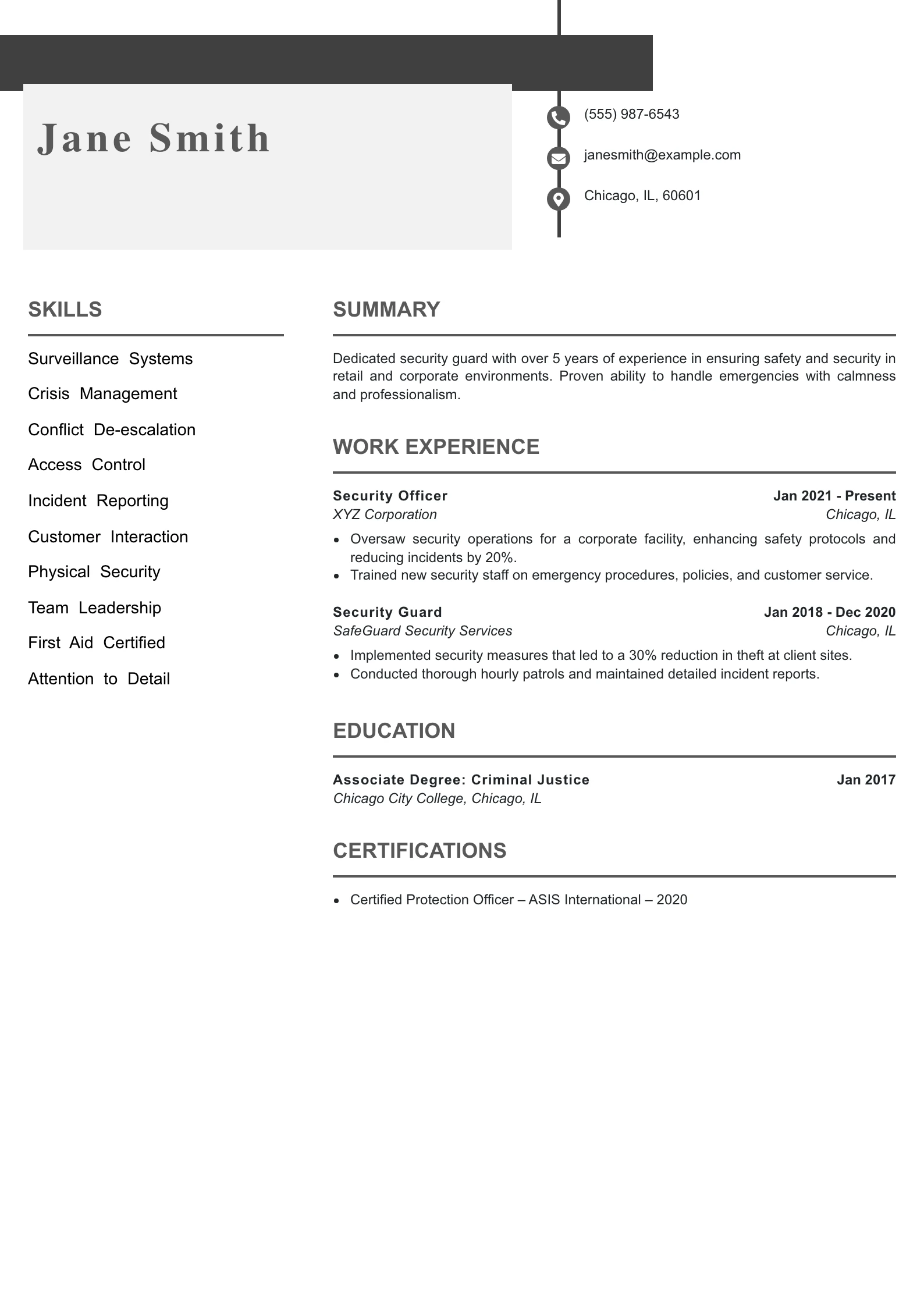Mid Level Security Guard Resume Example
