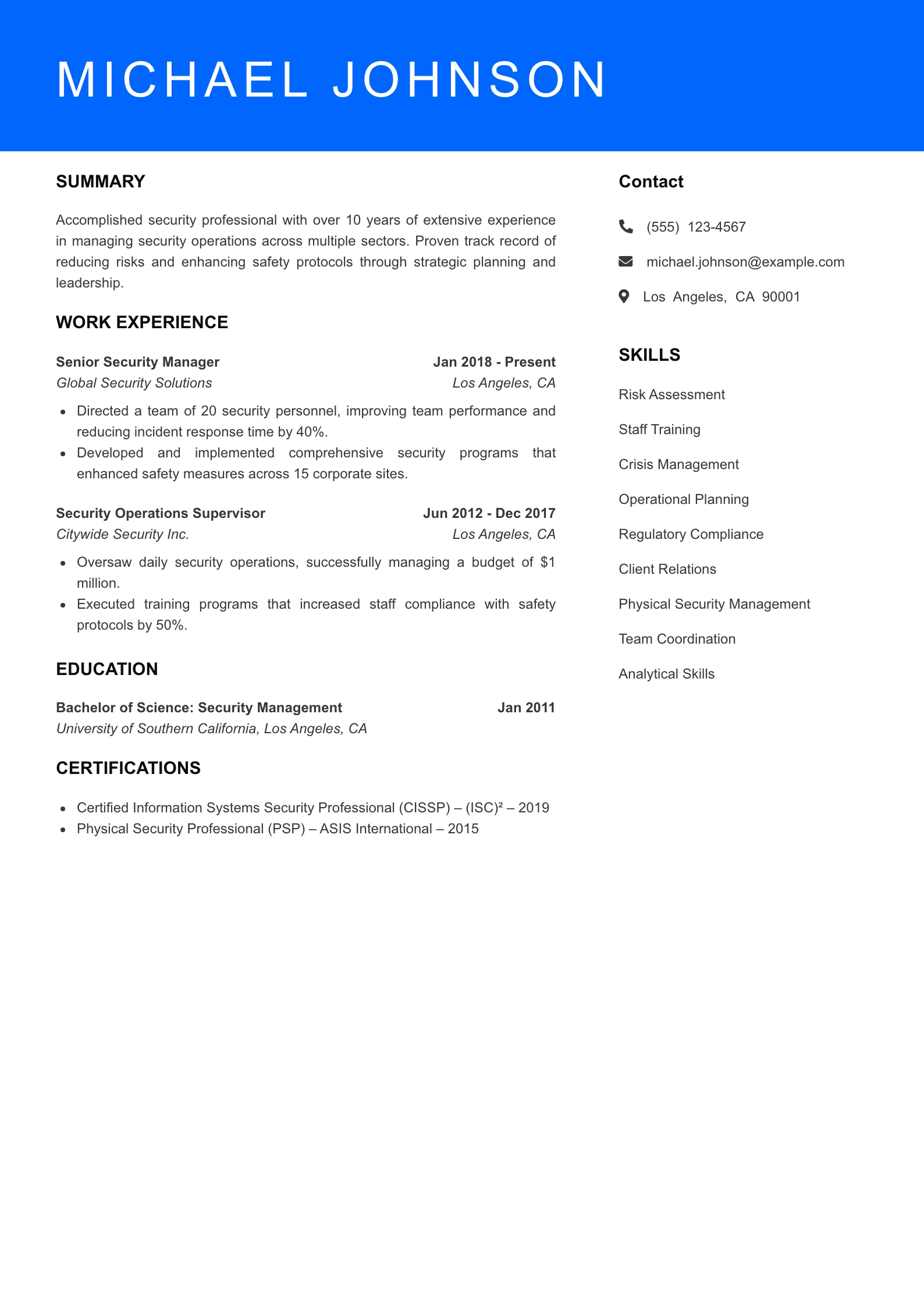 Senior Level Security Guard Resume Sample