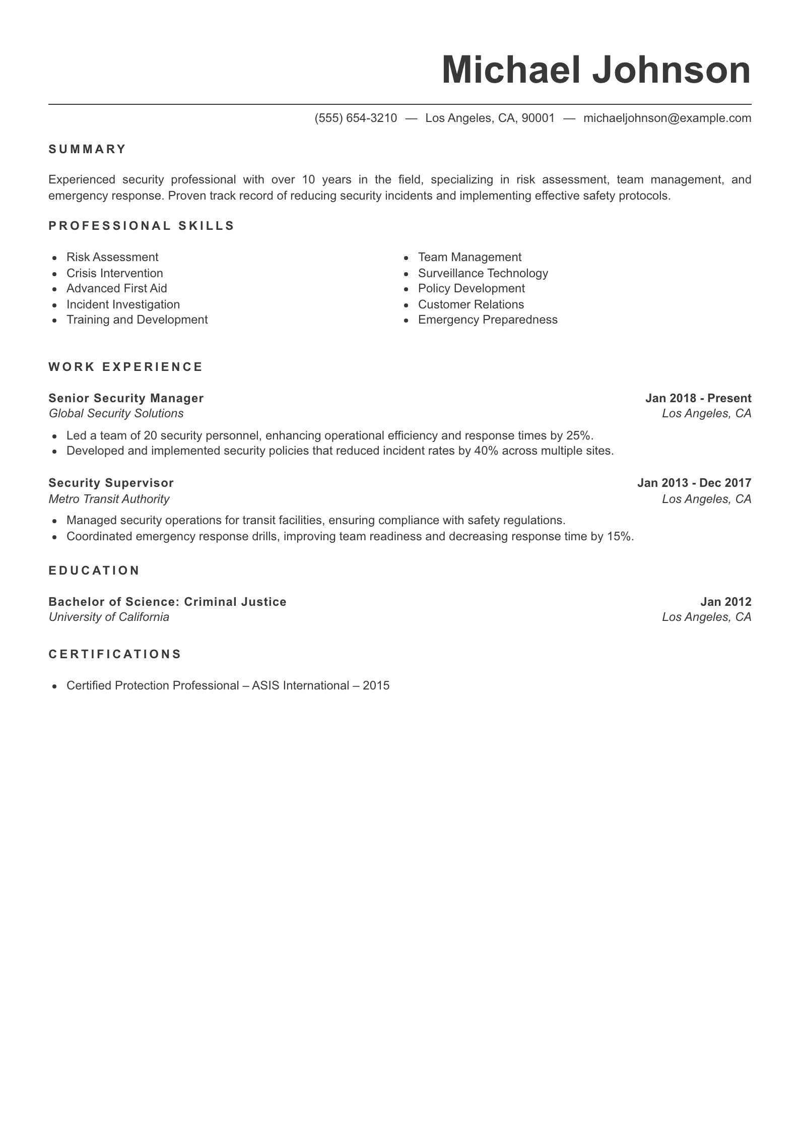 Senior Level Security Guard Resume Example