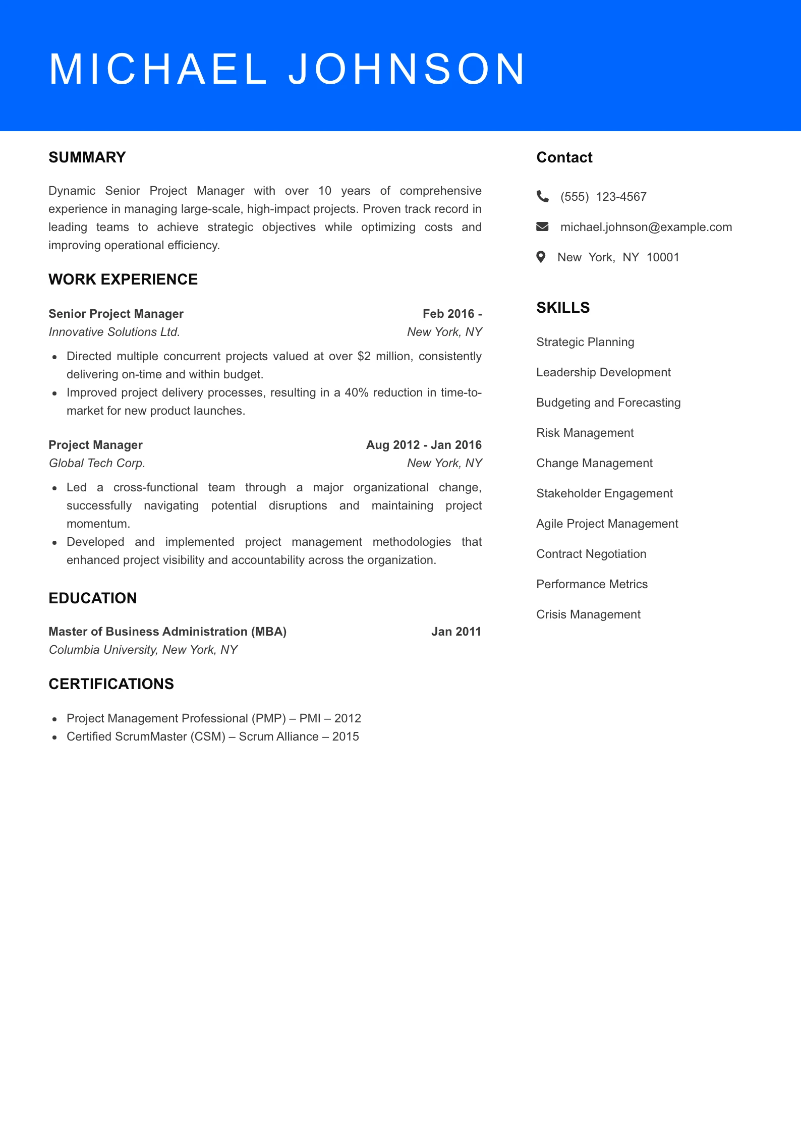 Senior Level Project Manager Resume Sample