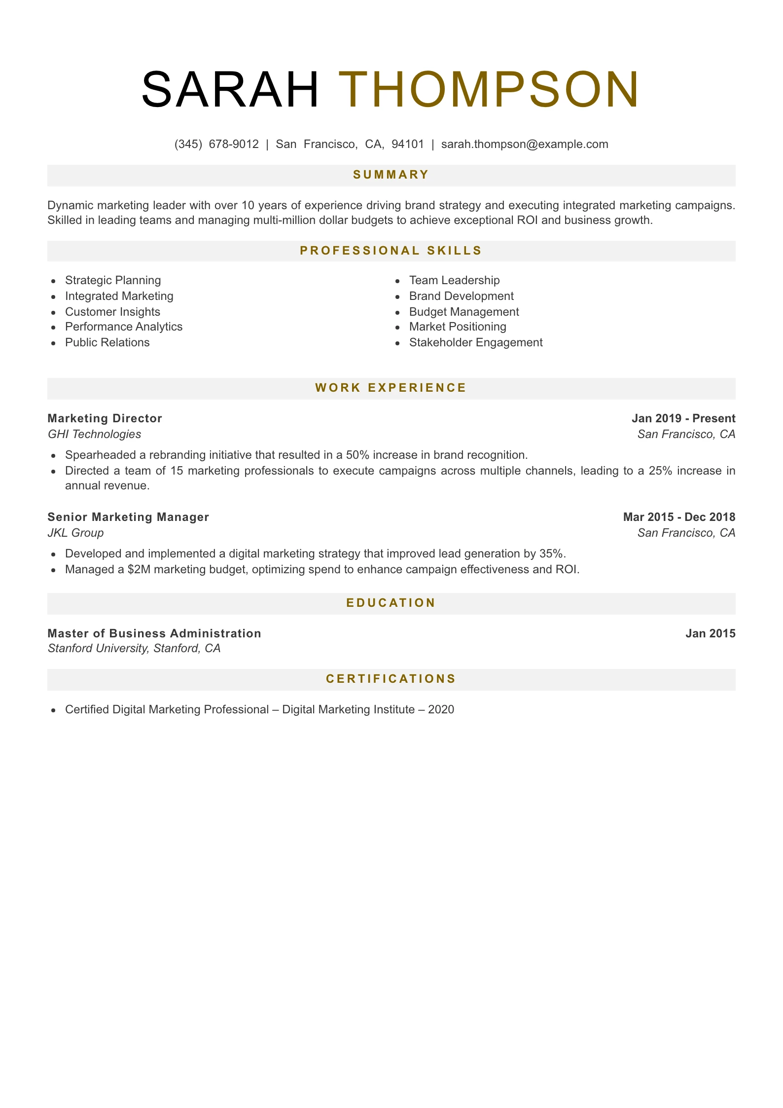 Senior Level Marketing Resume Example