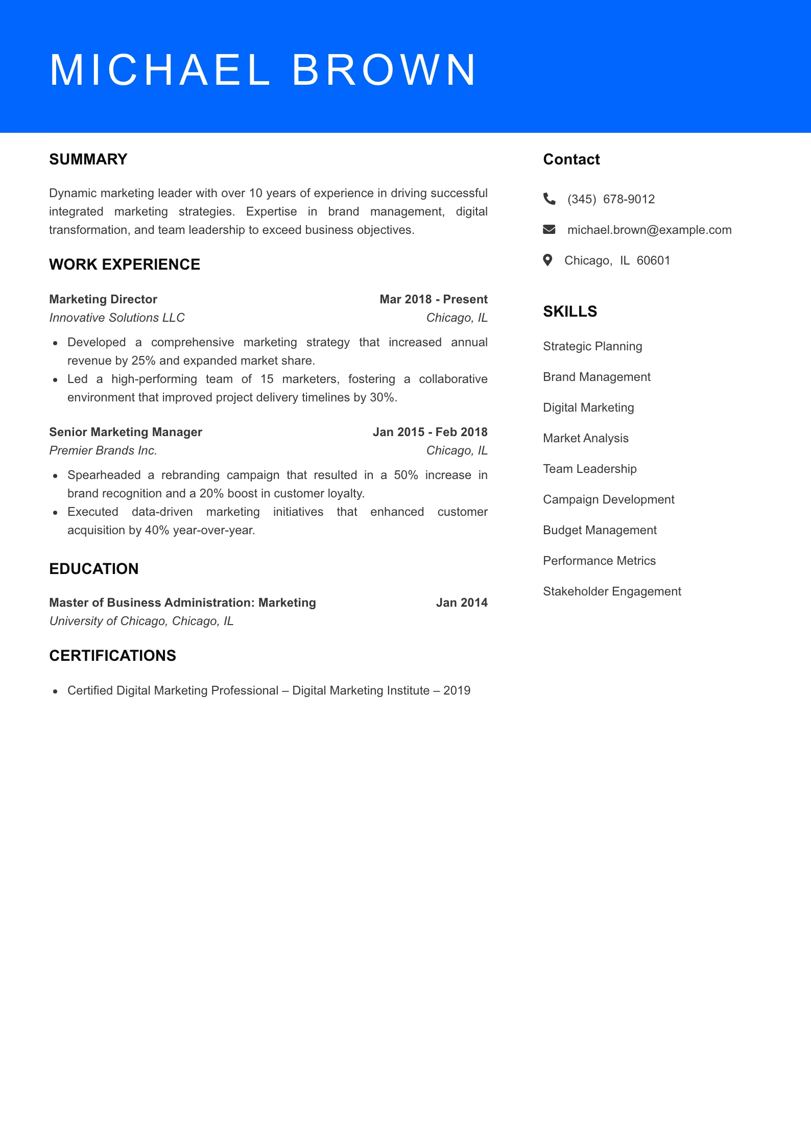 Senior Level Marketing Resume Sample