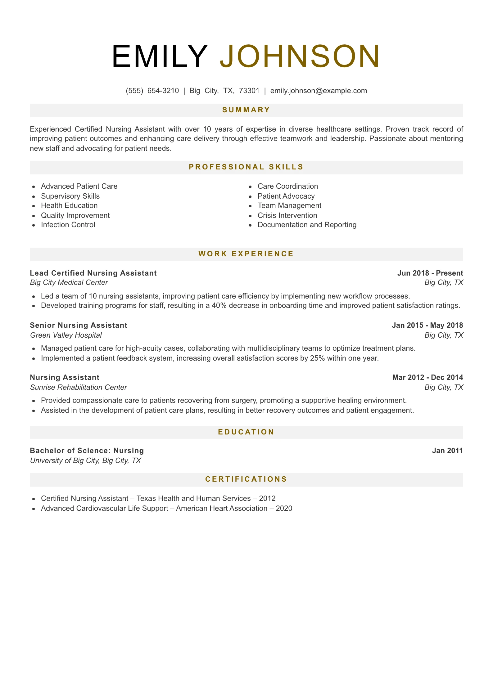 Senior Level Certified Nursing Assistant Resume Example