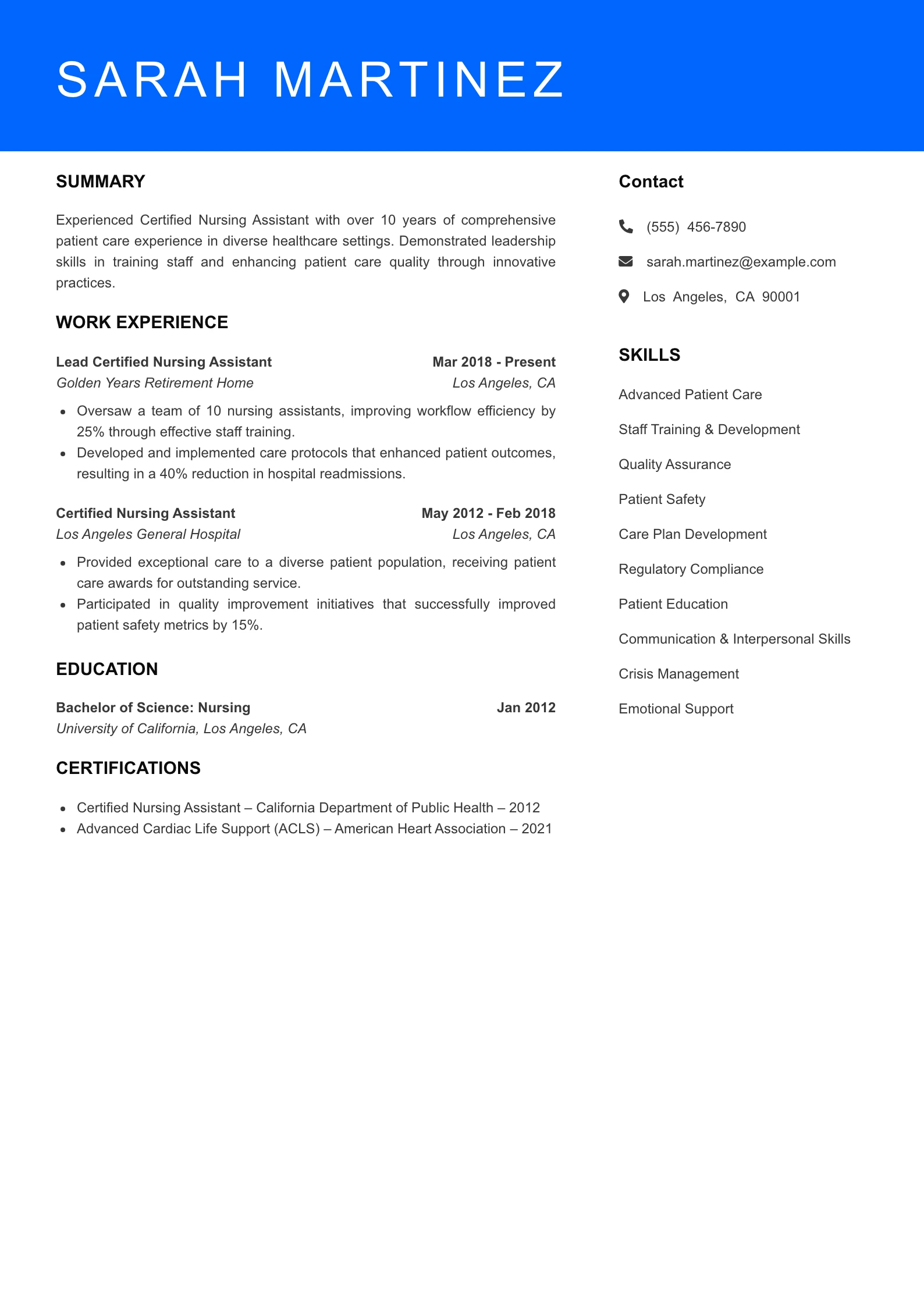 Senior Level Certified Nursing Assistant Resume Sample