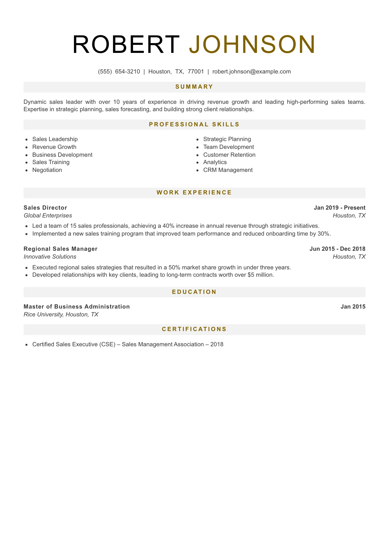 Senior Level Sales Resume Example