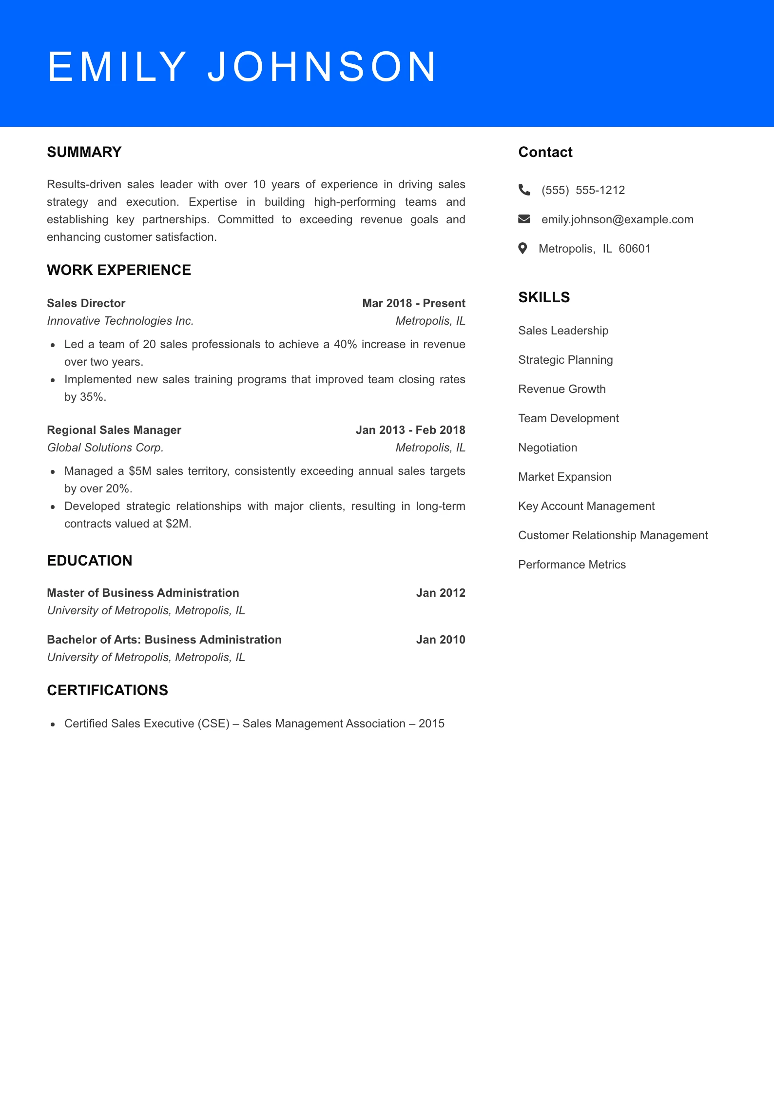 Senior Level Sales Resume Sample