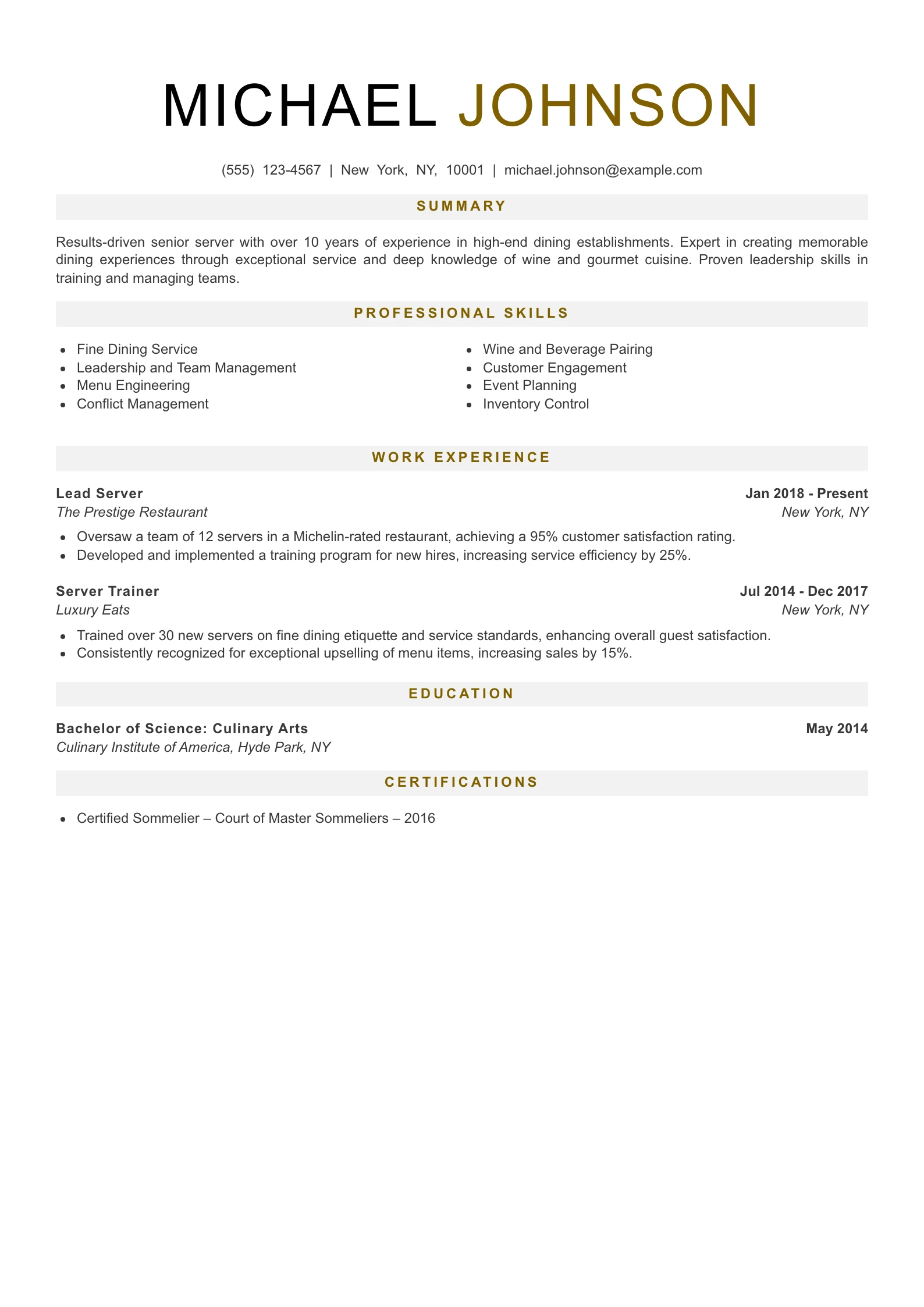 Senior Level Server Resume Example