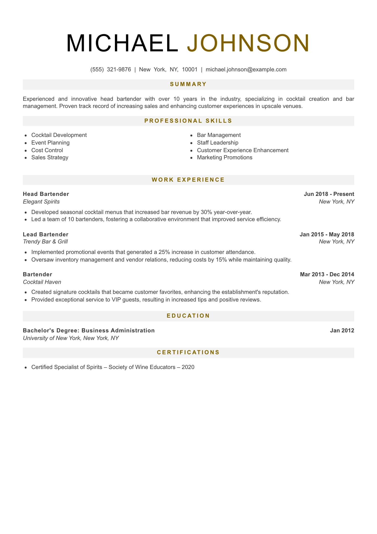 Senior Level Bartender Resume Example