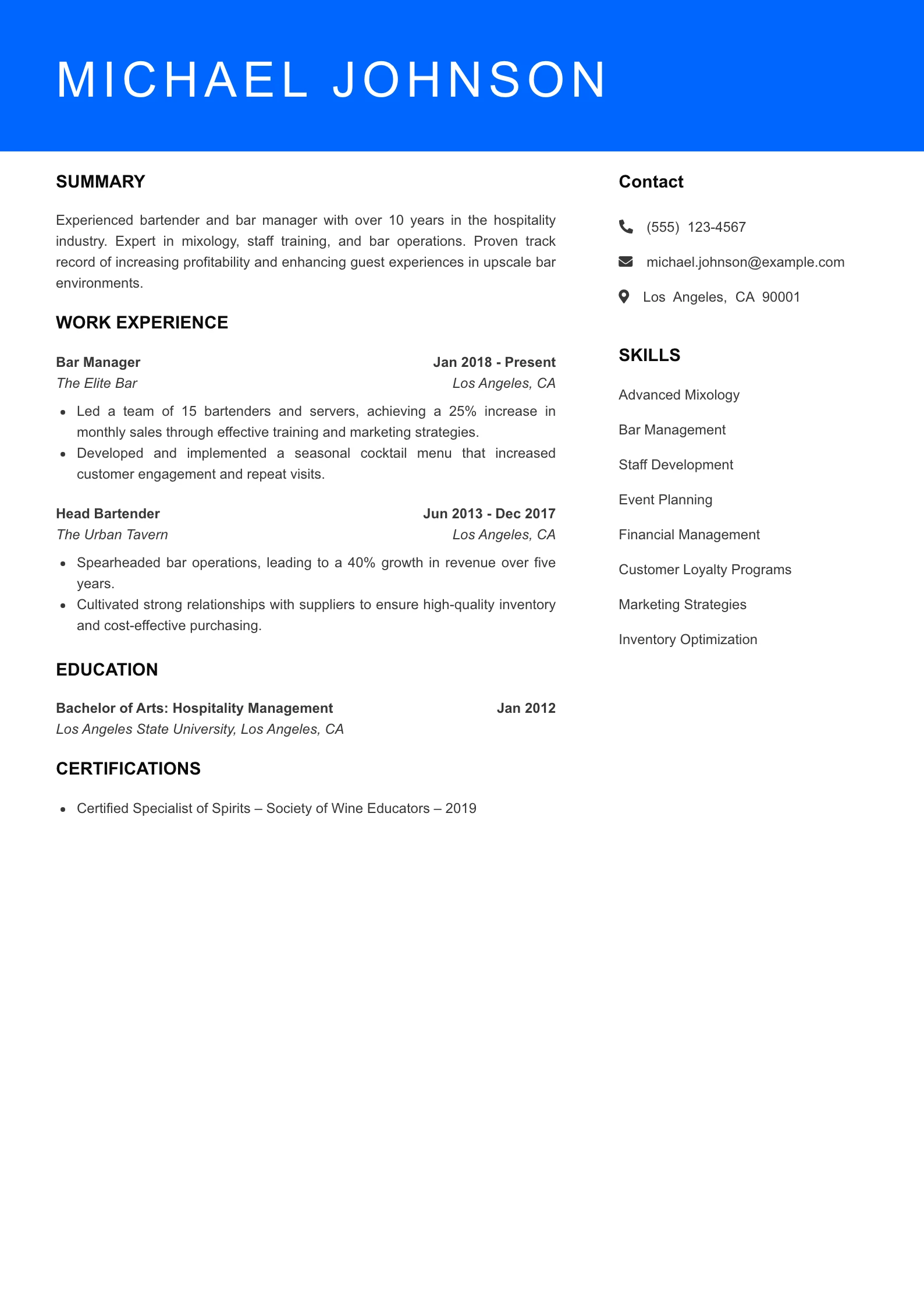 Senior Level Bartender Resume Sample
