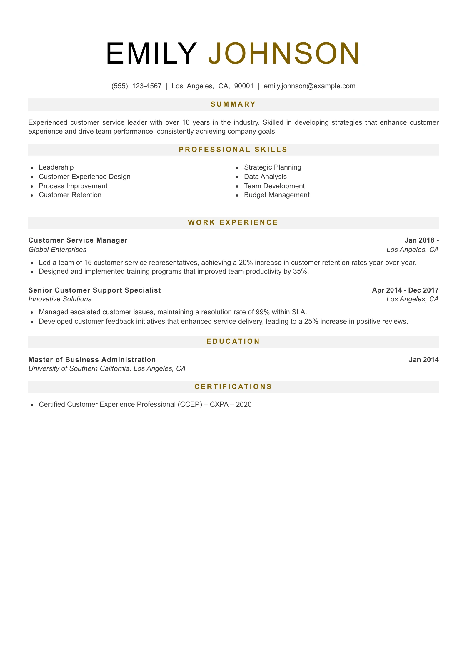 Senior Level Customer Service Representative Resume Example