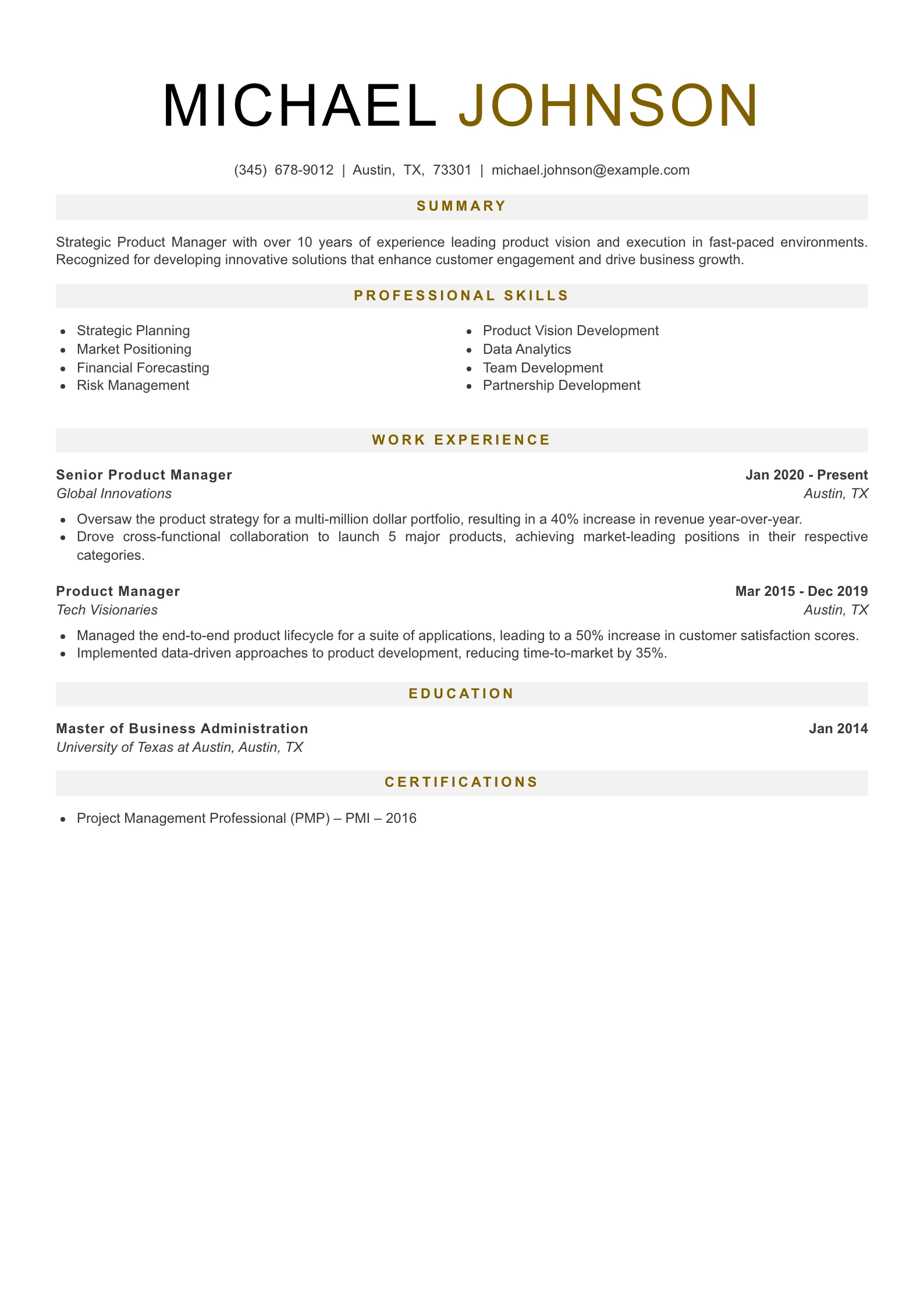 Senior Level Product Manager Resume Example