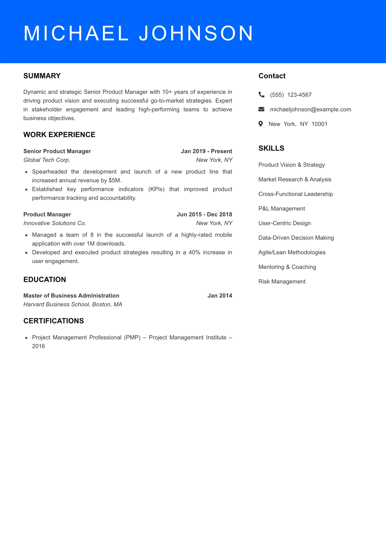Senior Level Product Manager Resume Sample