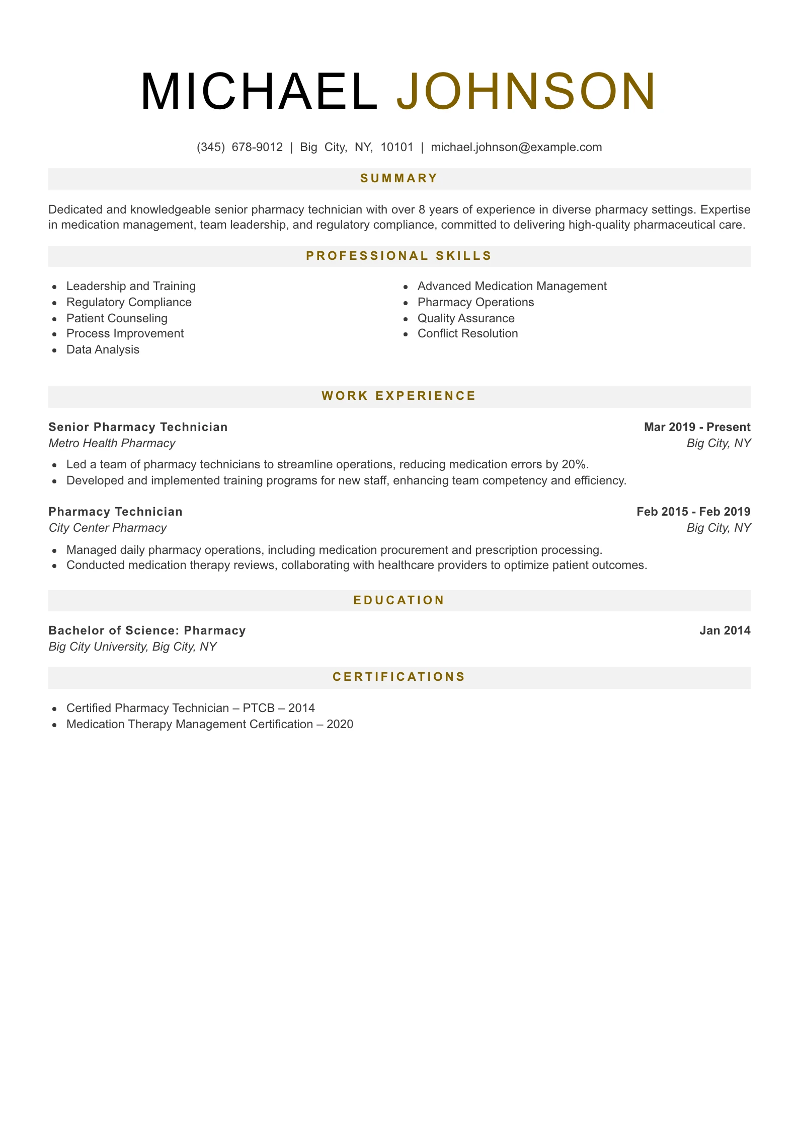 Senior Level Pharmacy Technician Resume Example