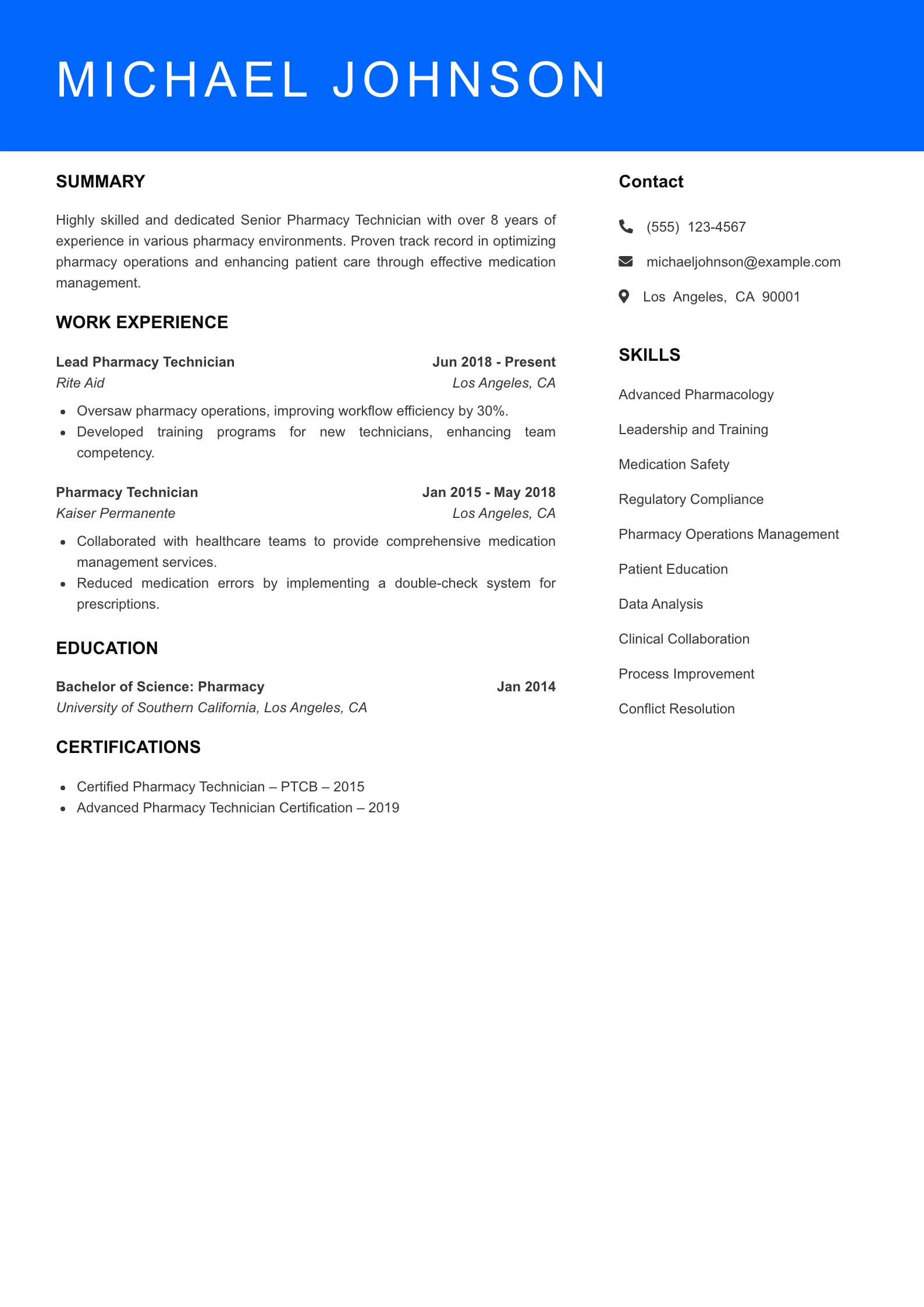 Senior Level Pharmacy Technician Resume Sample