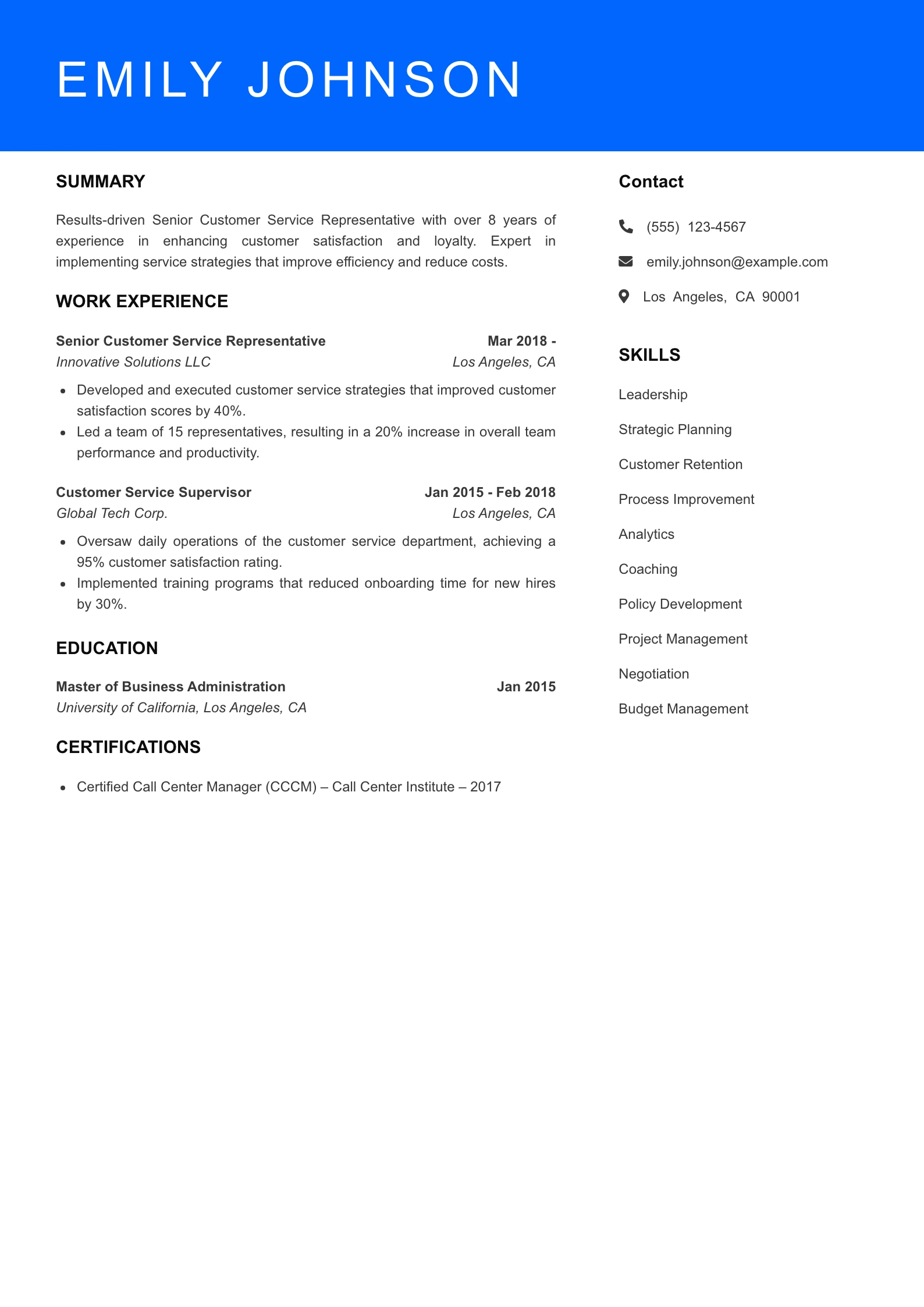 Senior Level Customer Service Representative Resume Sample