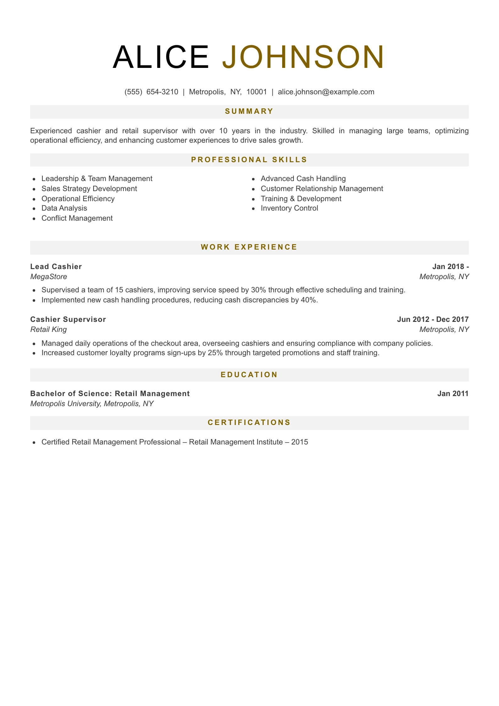 Senior Level Cashier Resume Example