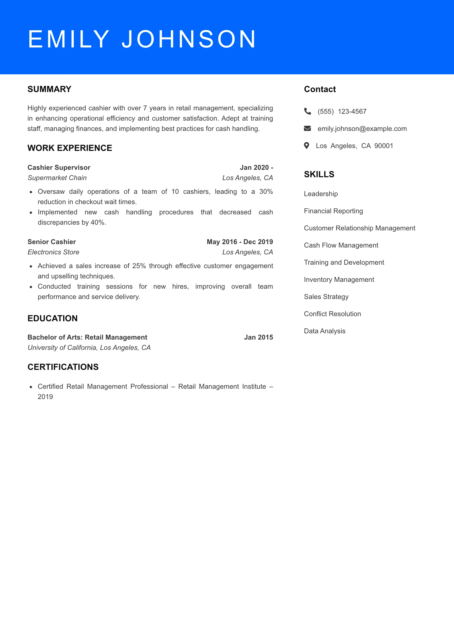 Senior Level Cashier Resume Sample