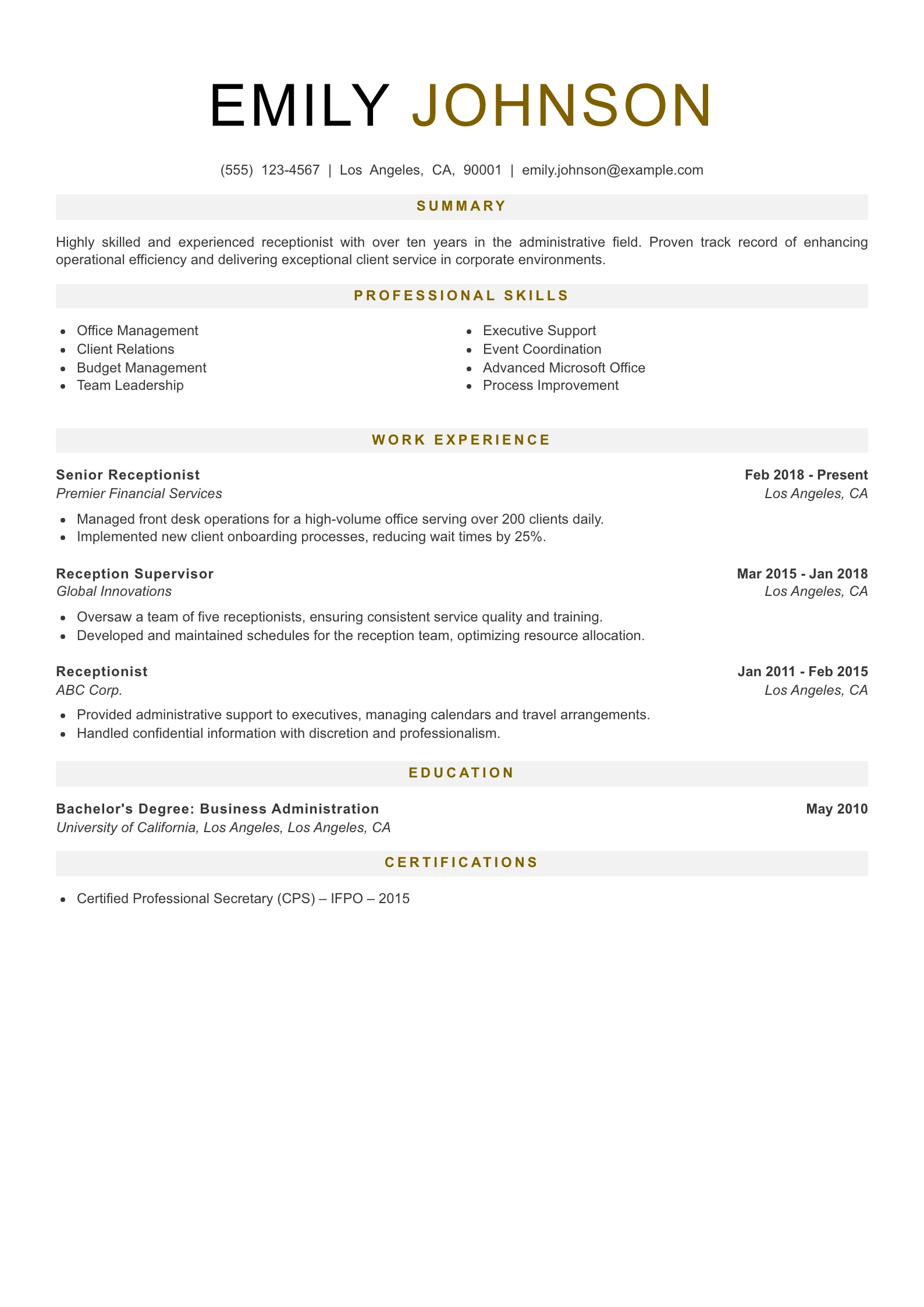 Senior Level Receptionist Resume Example