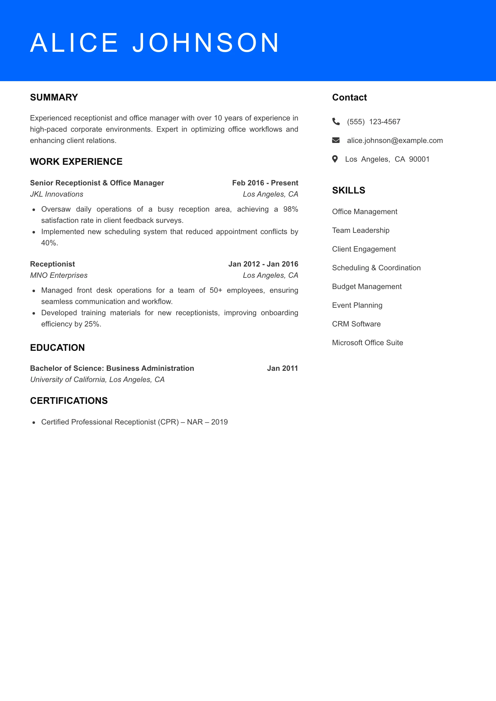 Senior Level Receptionist Resume Sample