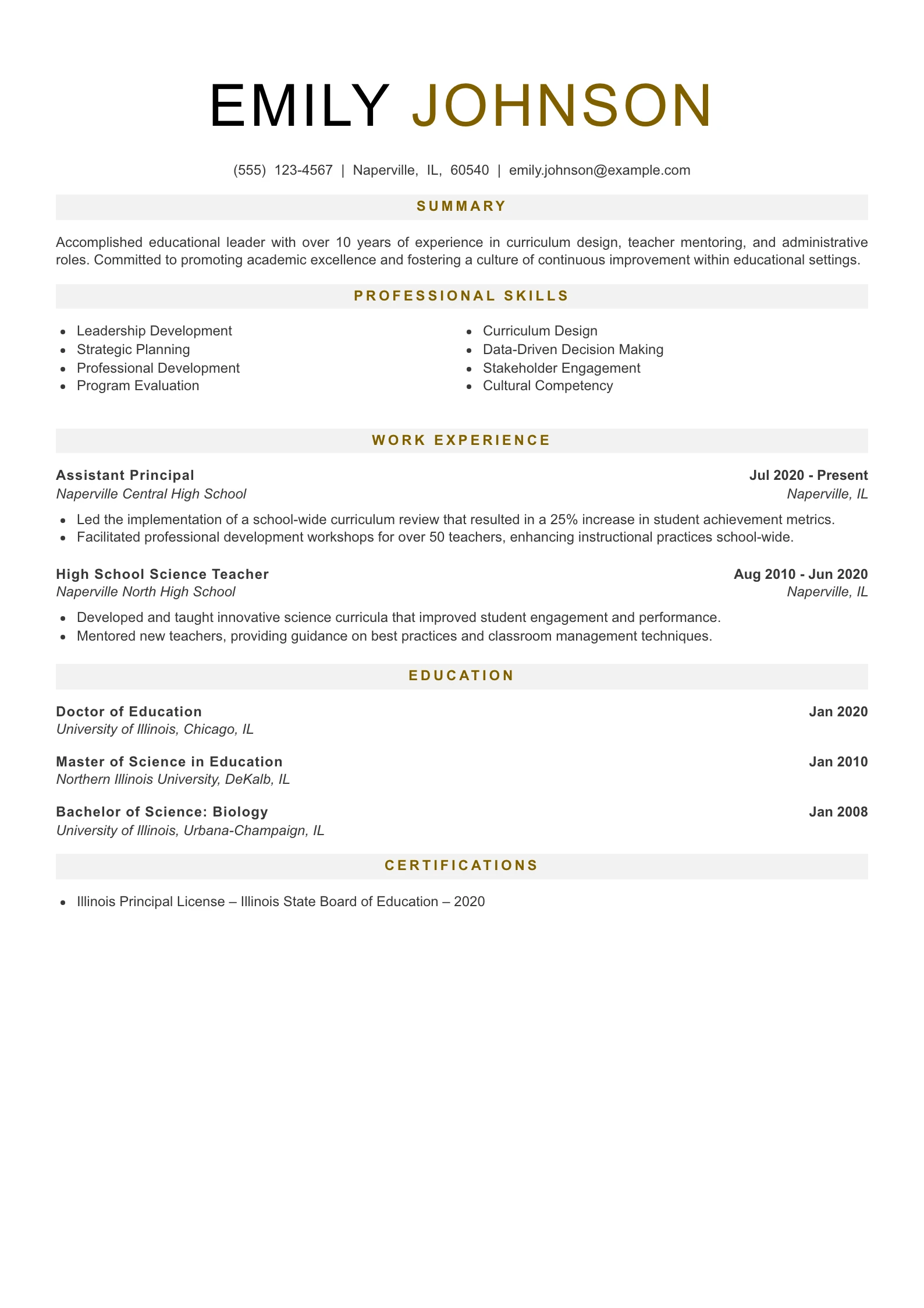 Senior Level Teacher Resume Example
