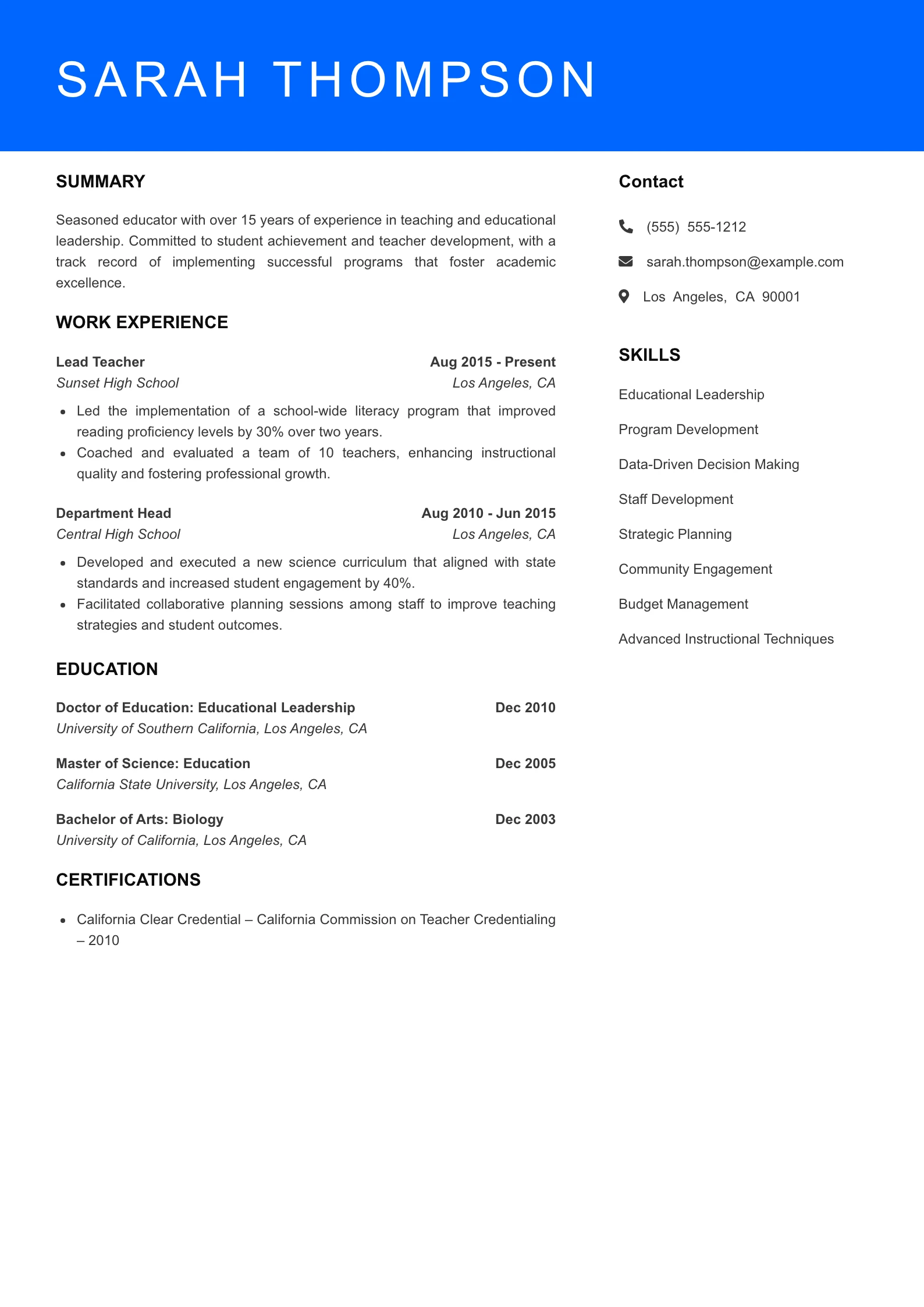 Senior Level Teacher Resume Sample