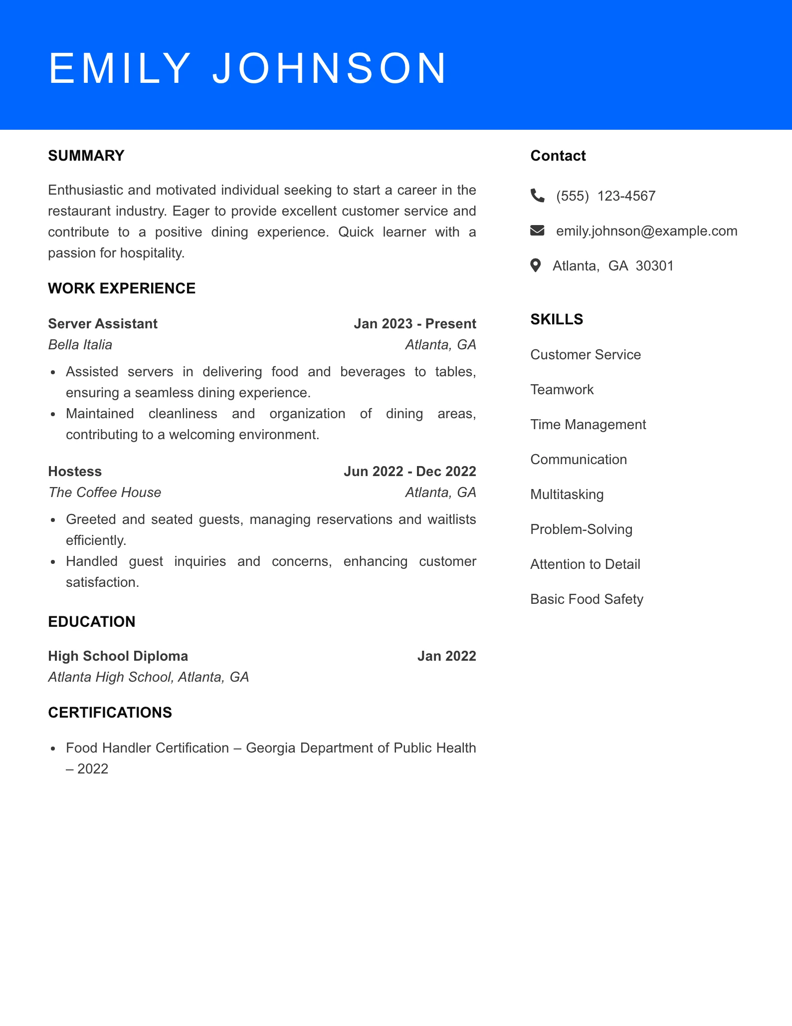 Selected Server Waiter Waitress Resume