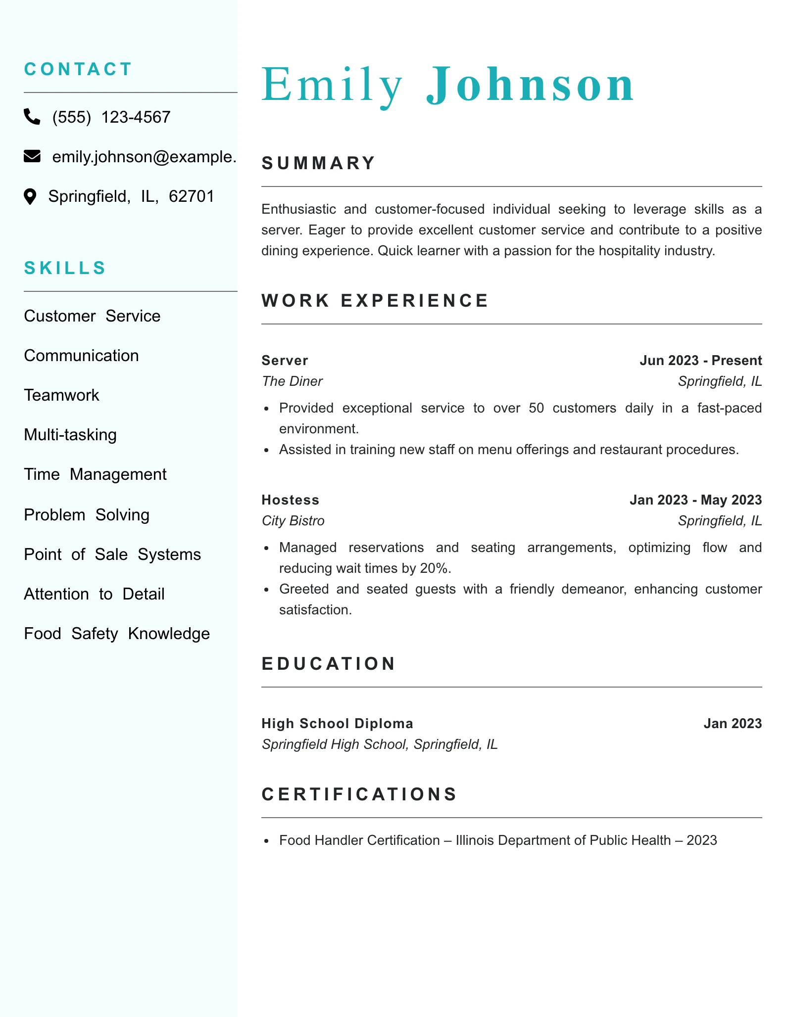Entry Level Server Waiter Waitress Resume Example