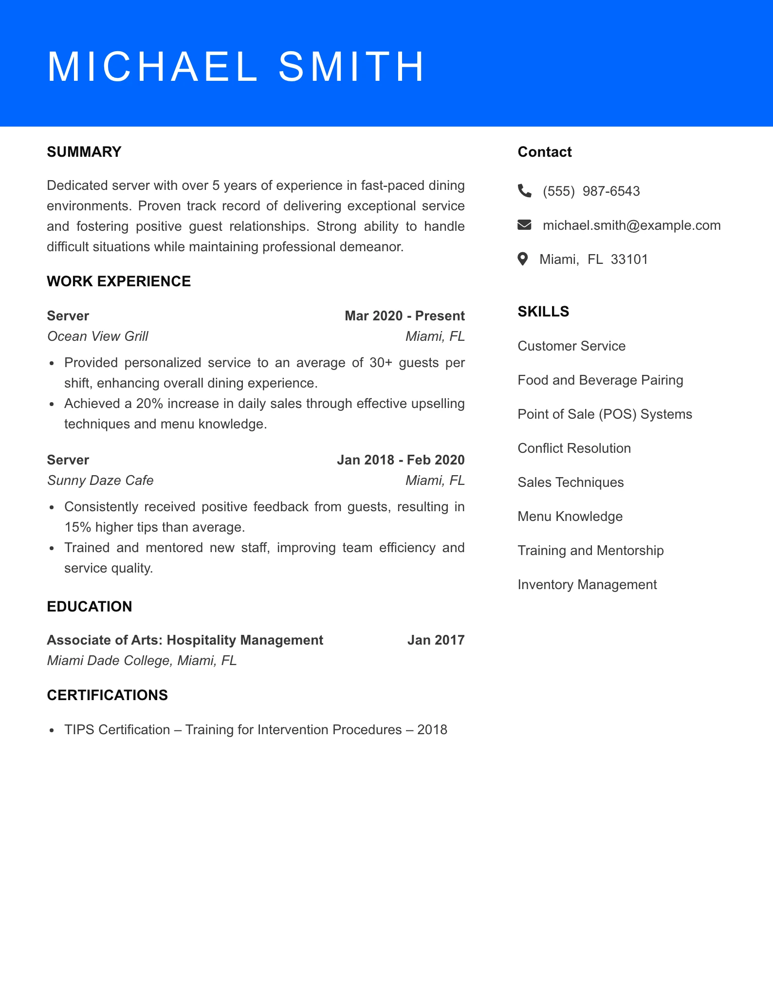 Mid Level Server Waiter Waitress Resume Sample