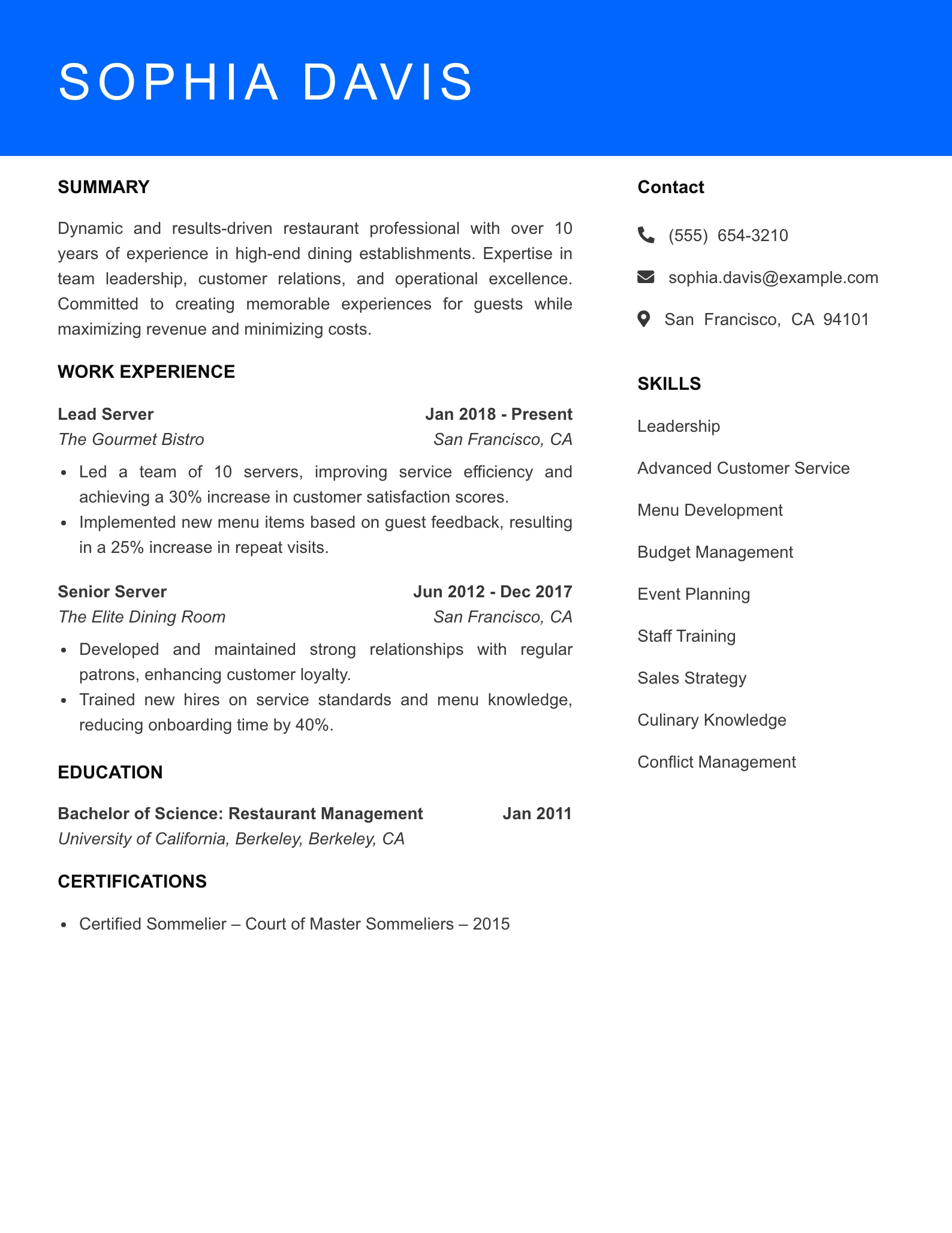 Senior Level Server Waiter Waitress Resume Sample