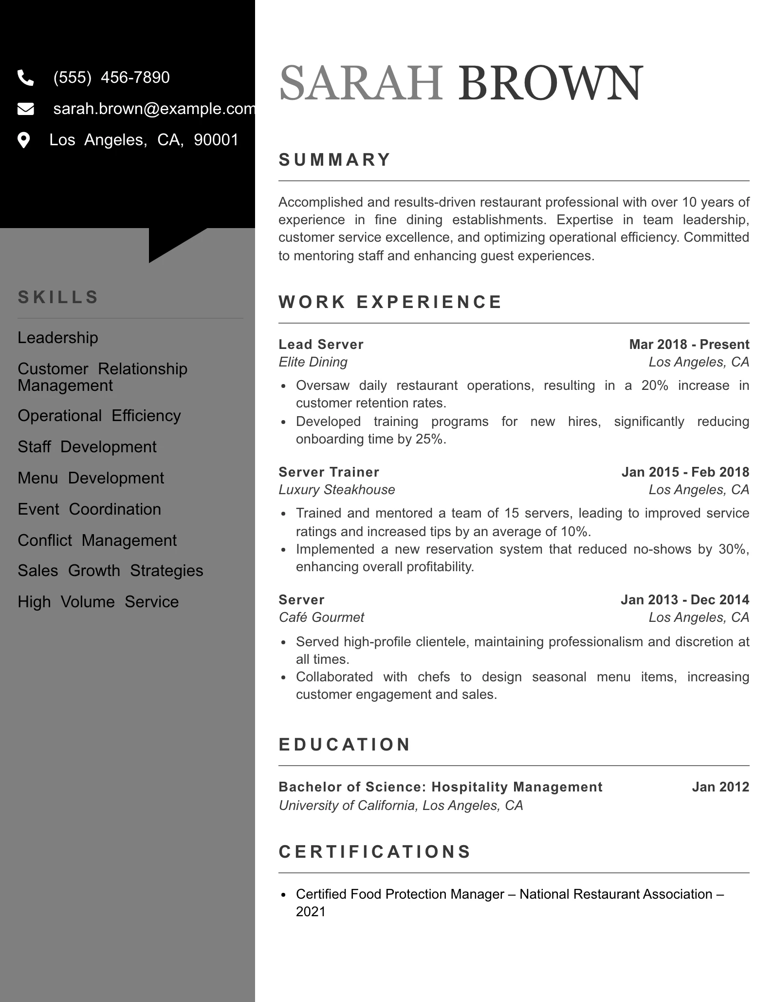 Senior Level Server Waiter Waitress Resume Example