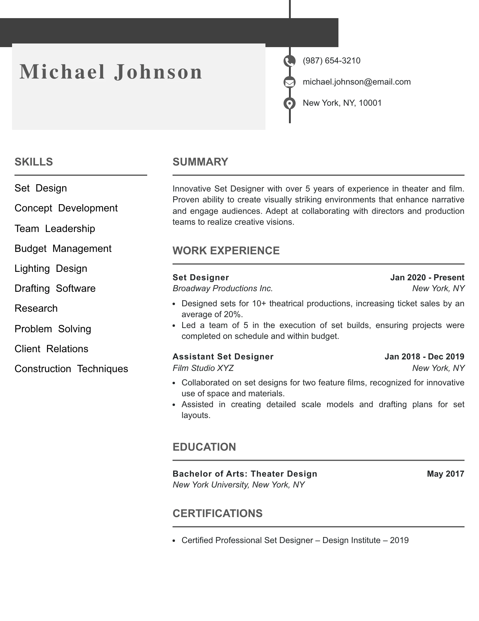 Mid Level Set Designer Resume Example
