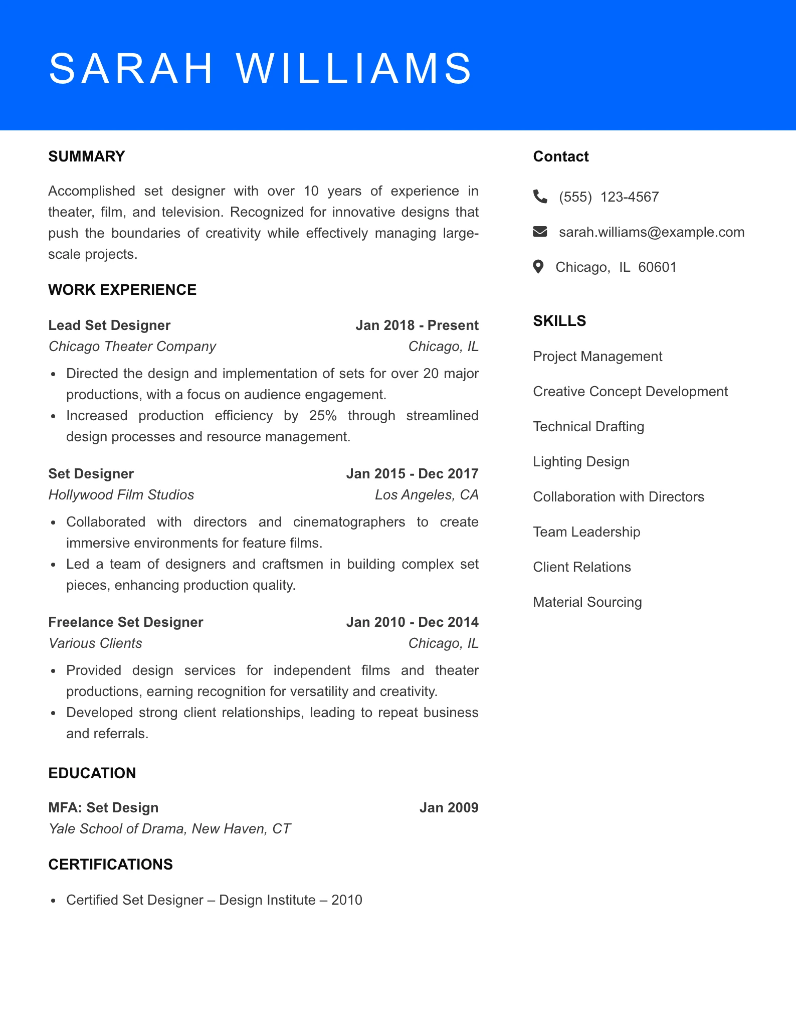 Senior Level Set Designer Resume Sample