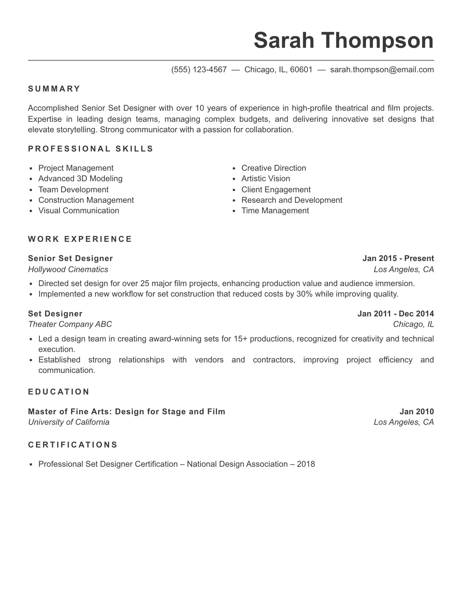 Senior Level Set Designer Resume Example