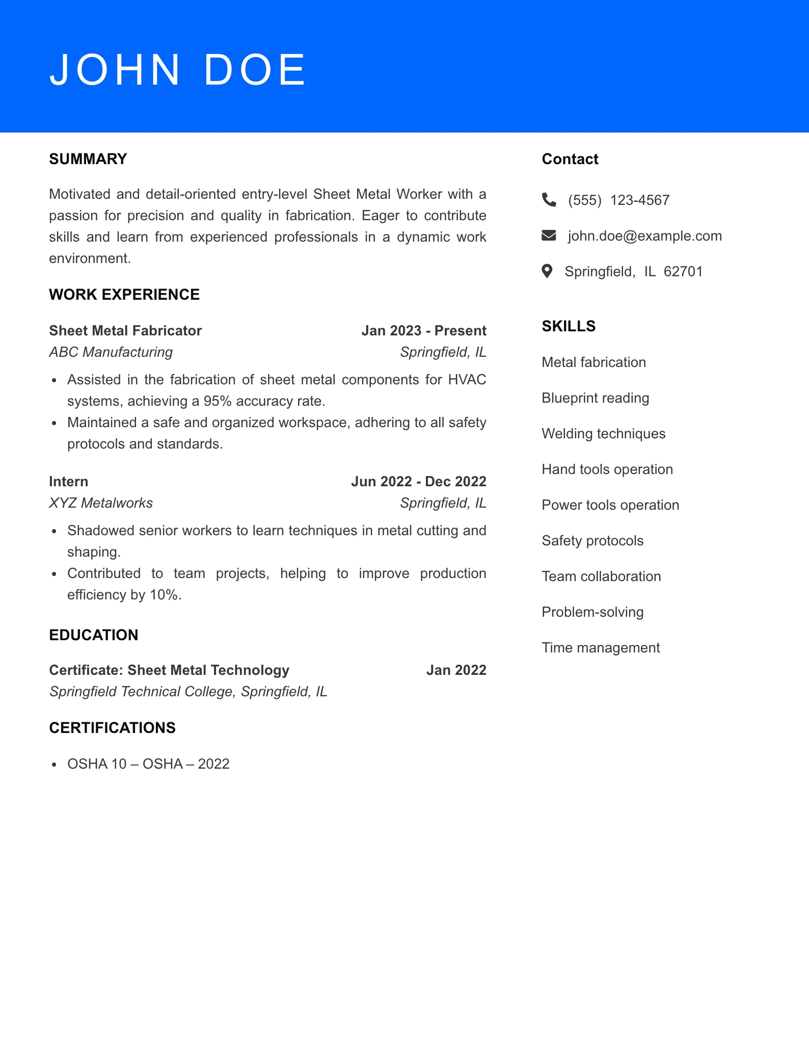 Selected Sheet Metal Worker Resume