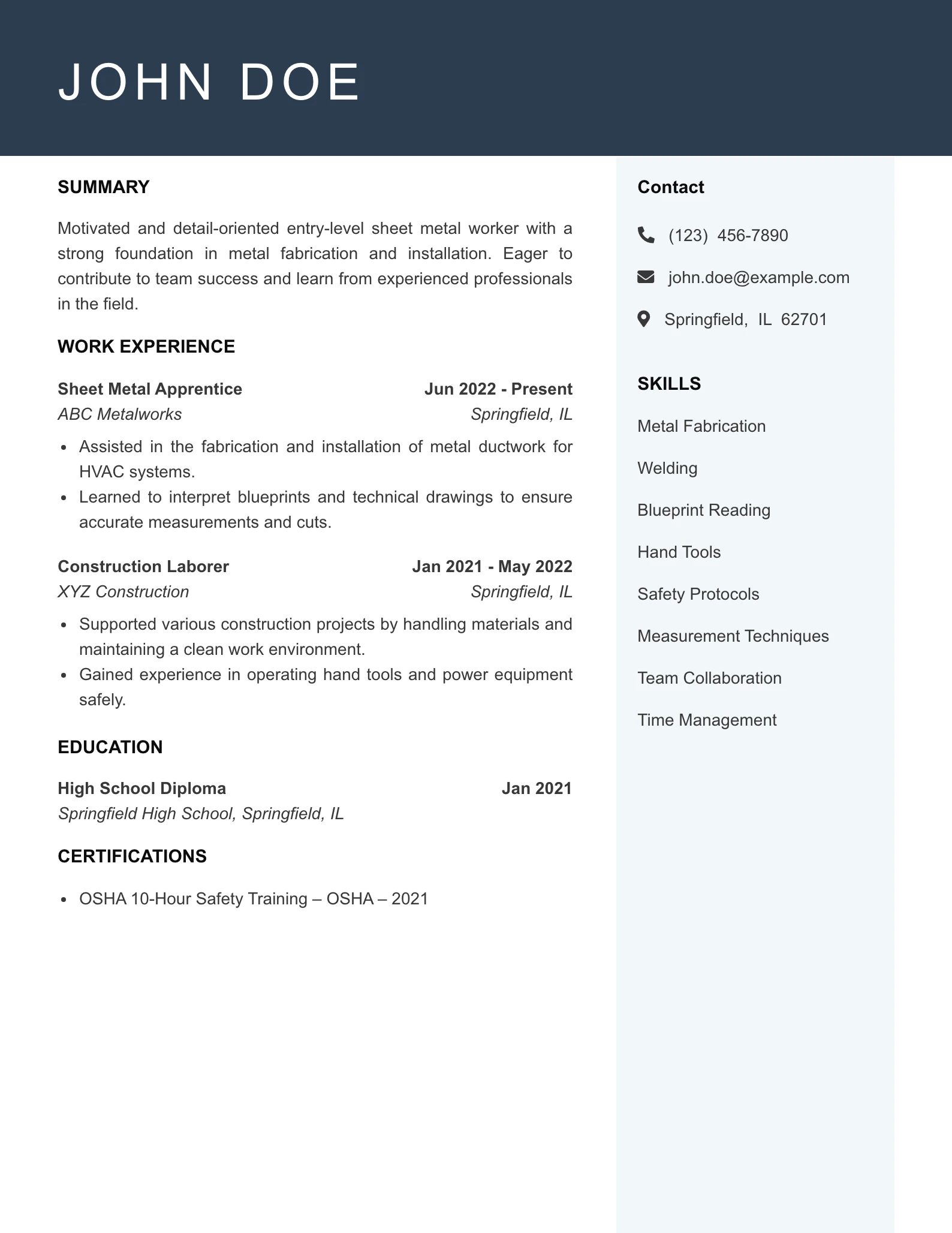Entry Level Sheet Metal Worker Resume Example