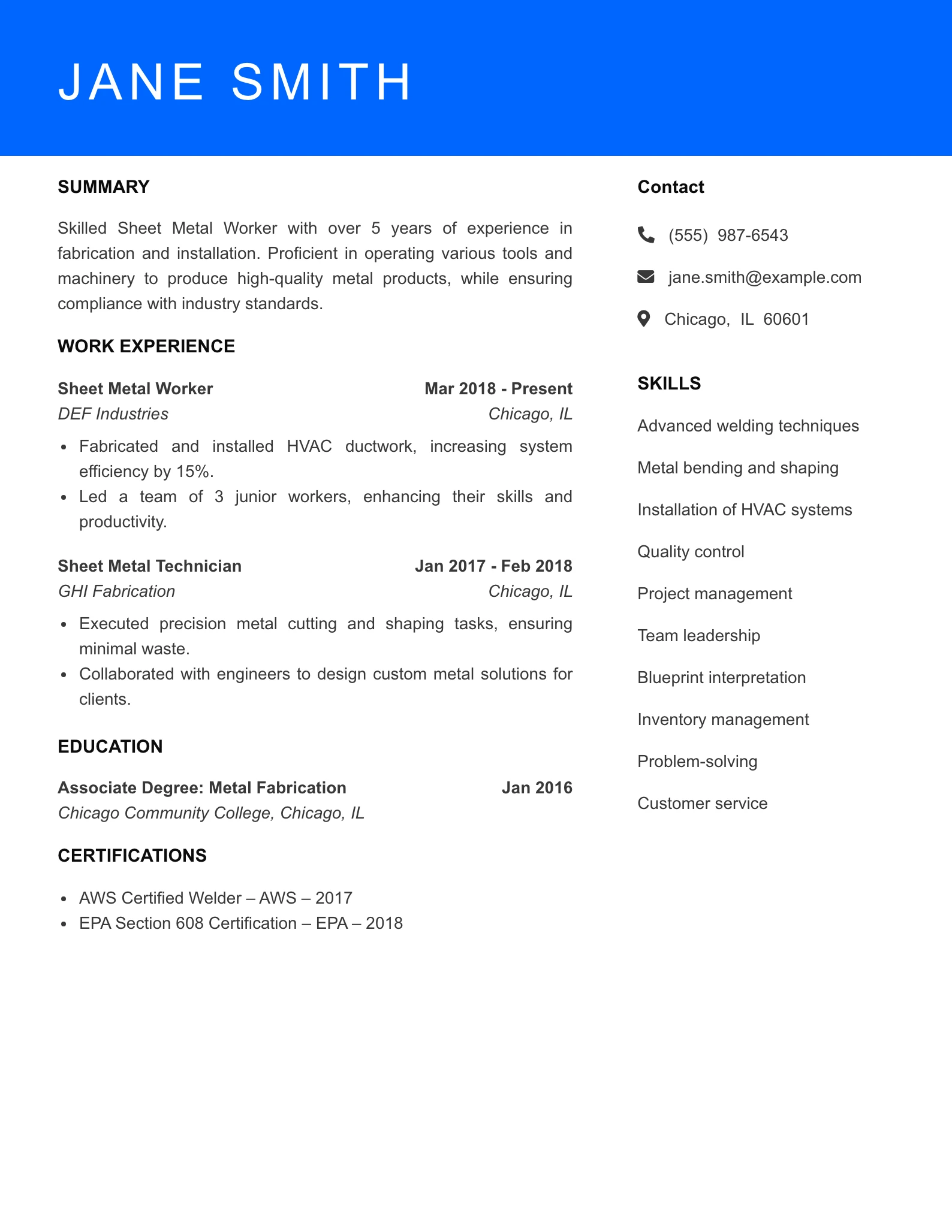 Mid Level Sheet Metal Worker Resume Sample
