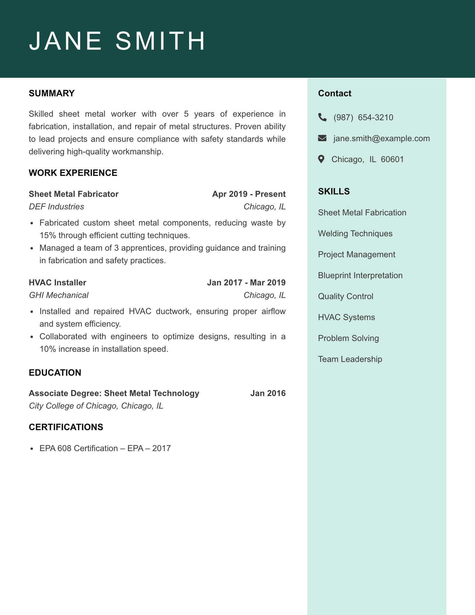 Mid Level Sheet Metal Worker Resume Example