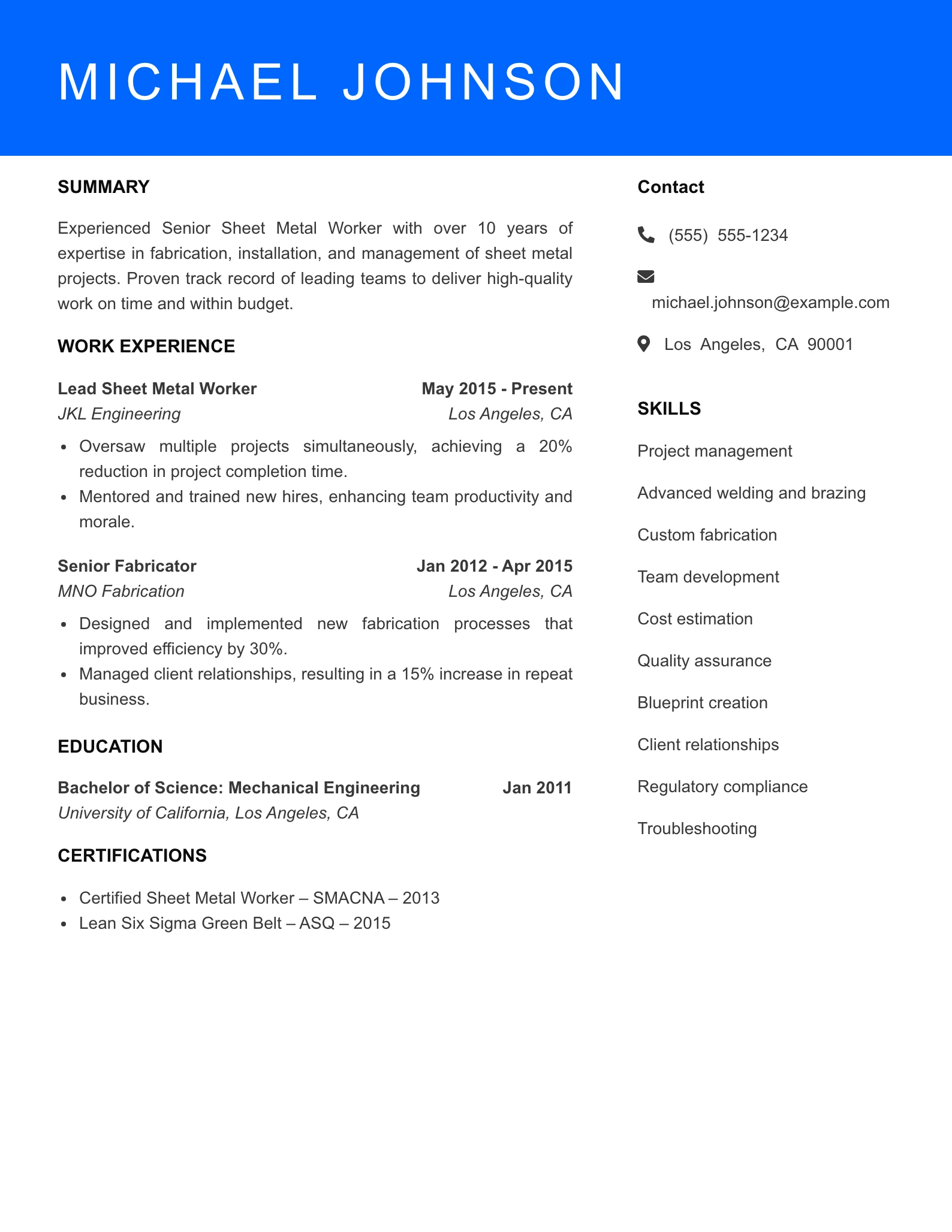 Senior Level Sheet Metal Worker Resume Sample