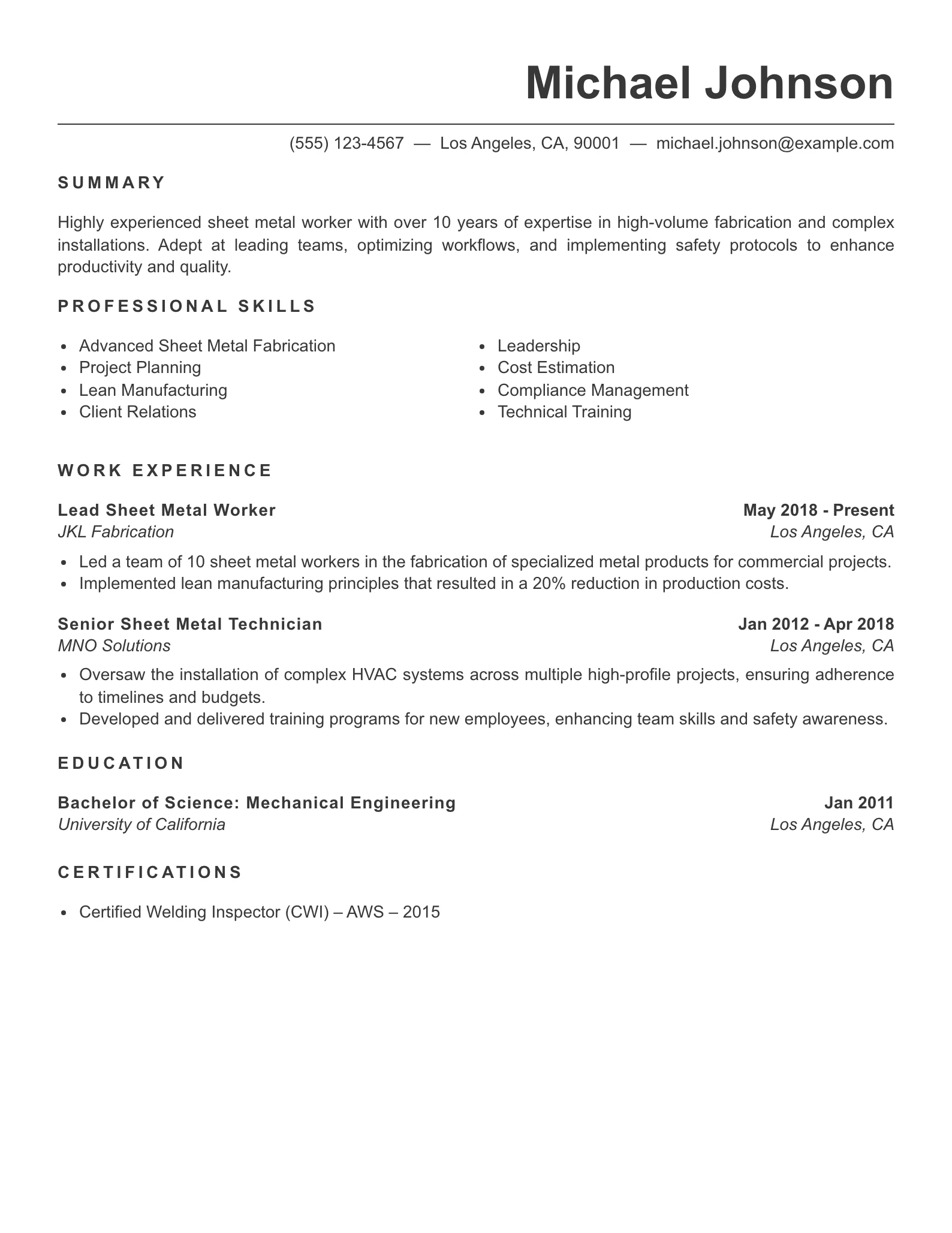 Senior Level Sheet Metal Worker Resume Example