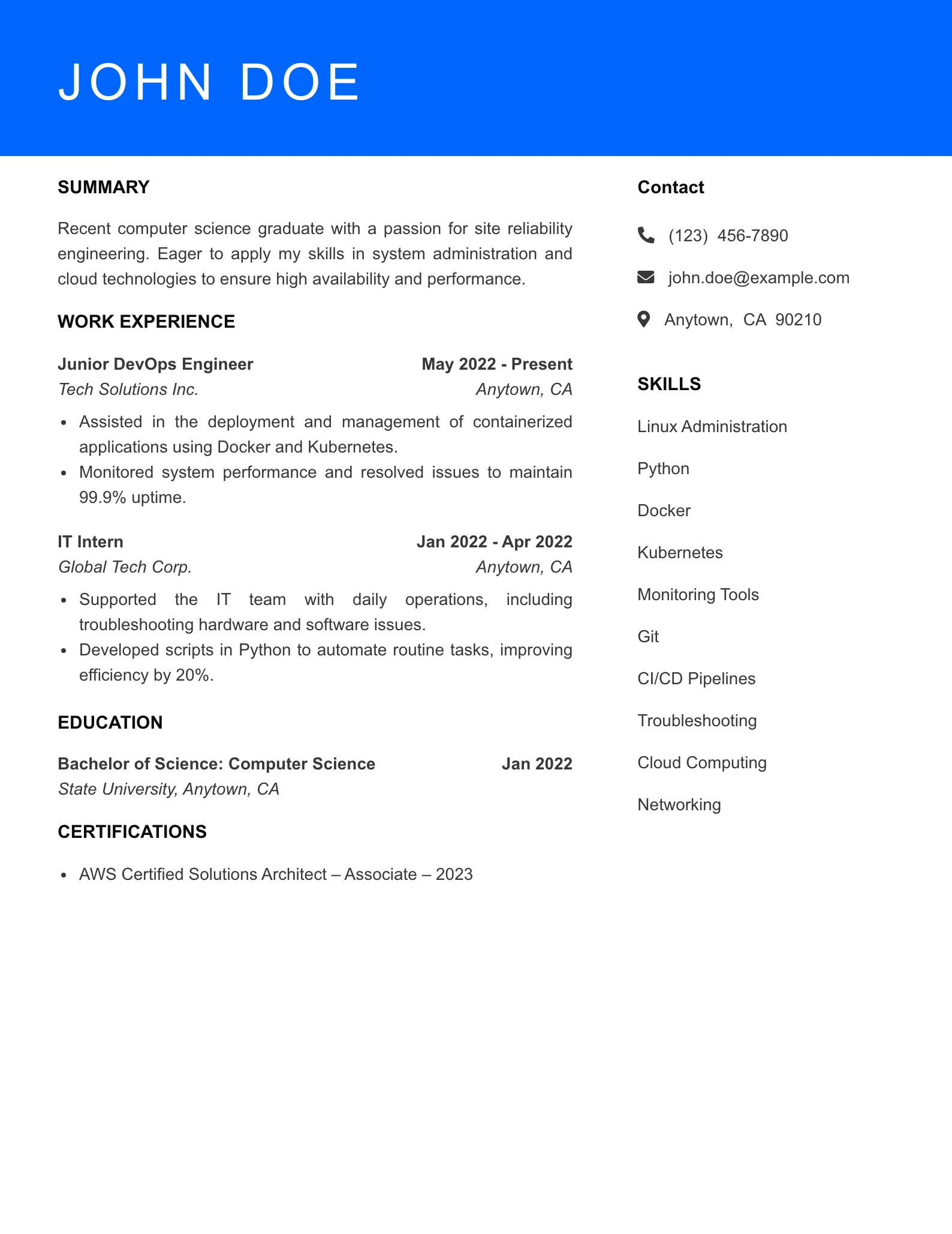 Selected Site Reliability Engineer Resume