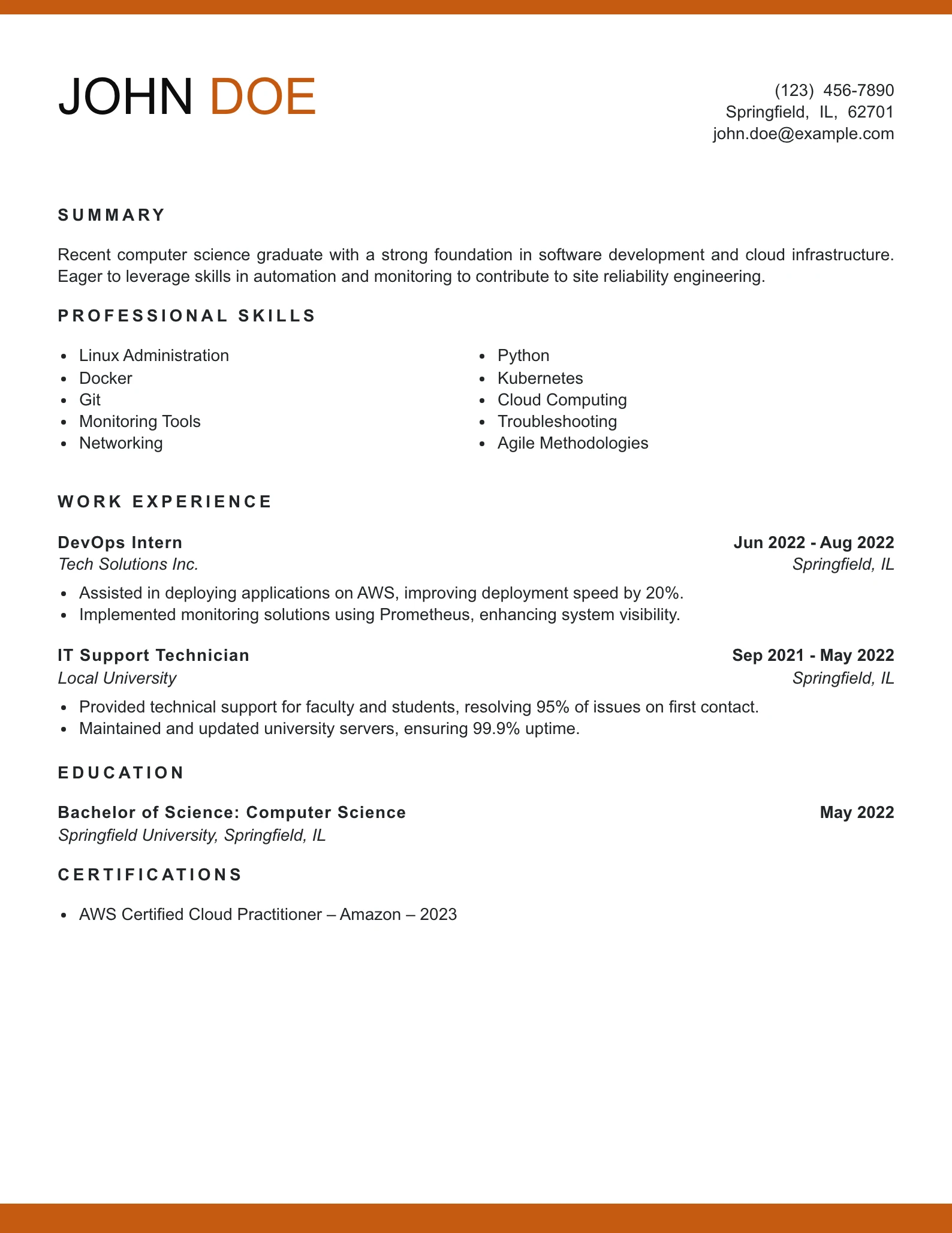 Entry Level Site Reliability Engineer Resume Example