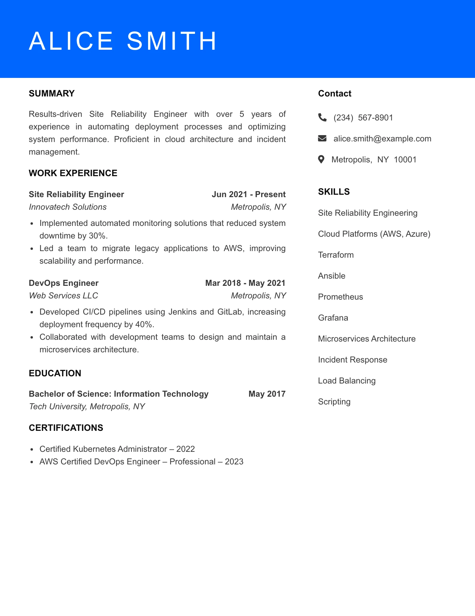 Mid Level Site Reliability Engineer Resume Sample