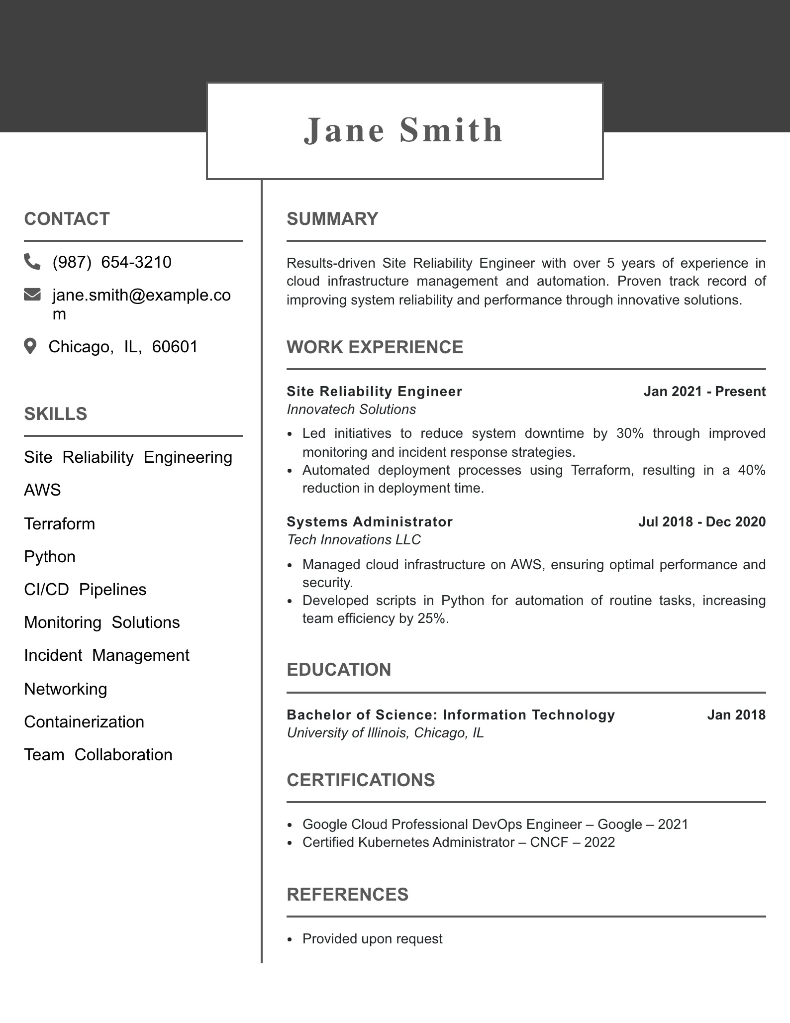 Mid Level Site Reliability Engineer Resume Example