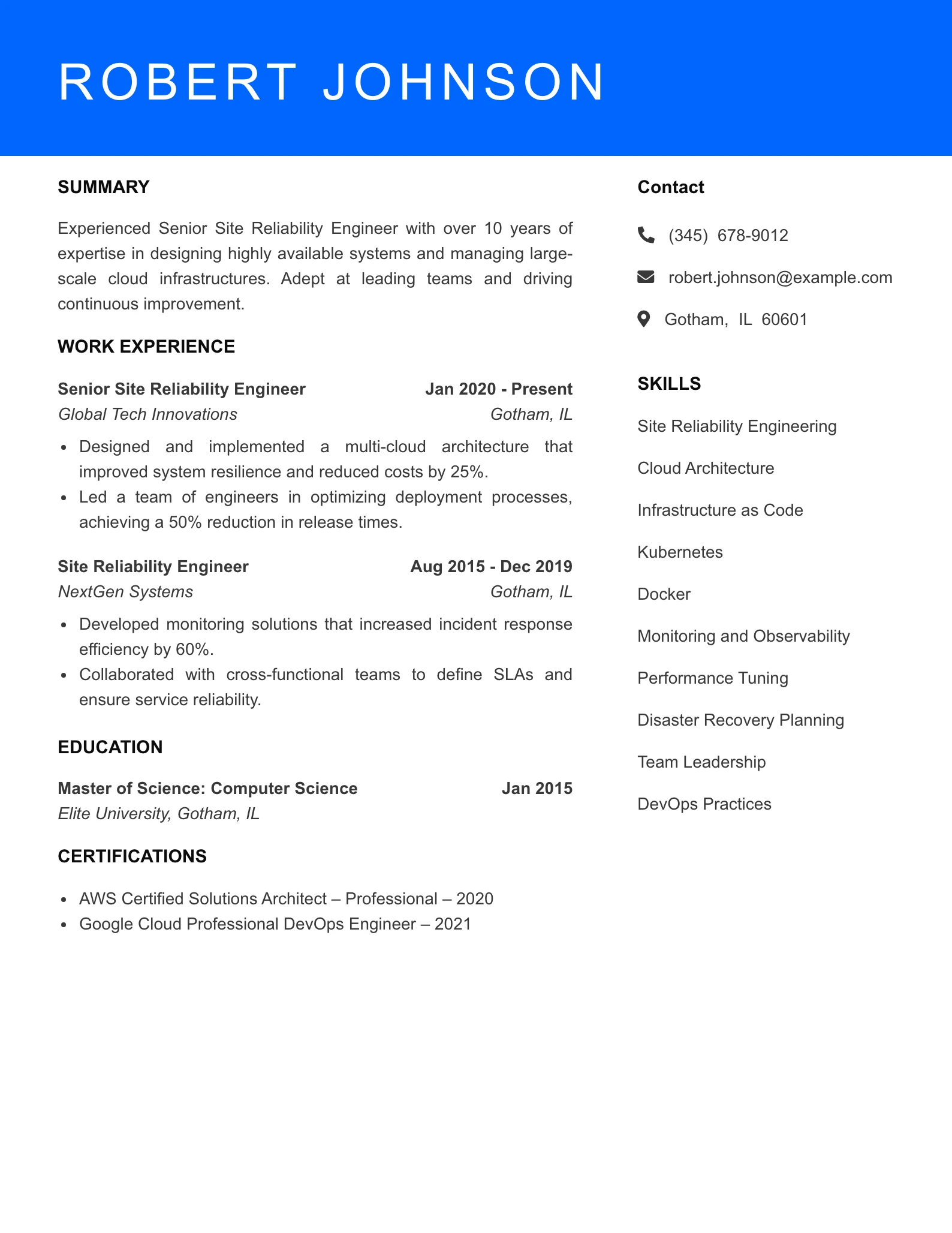 Senior Level Site Reliability Engineer Resume Sample