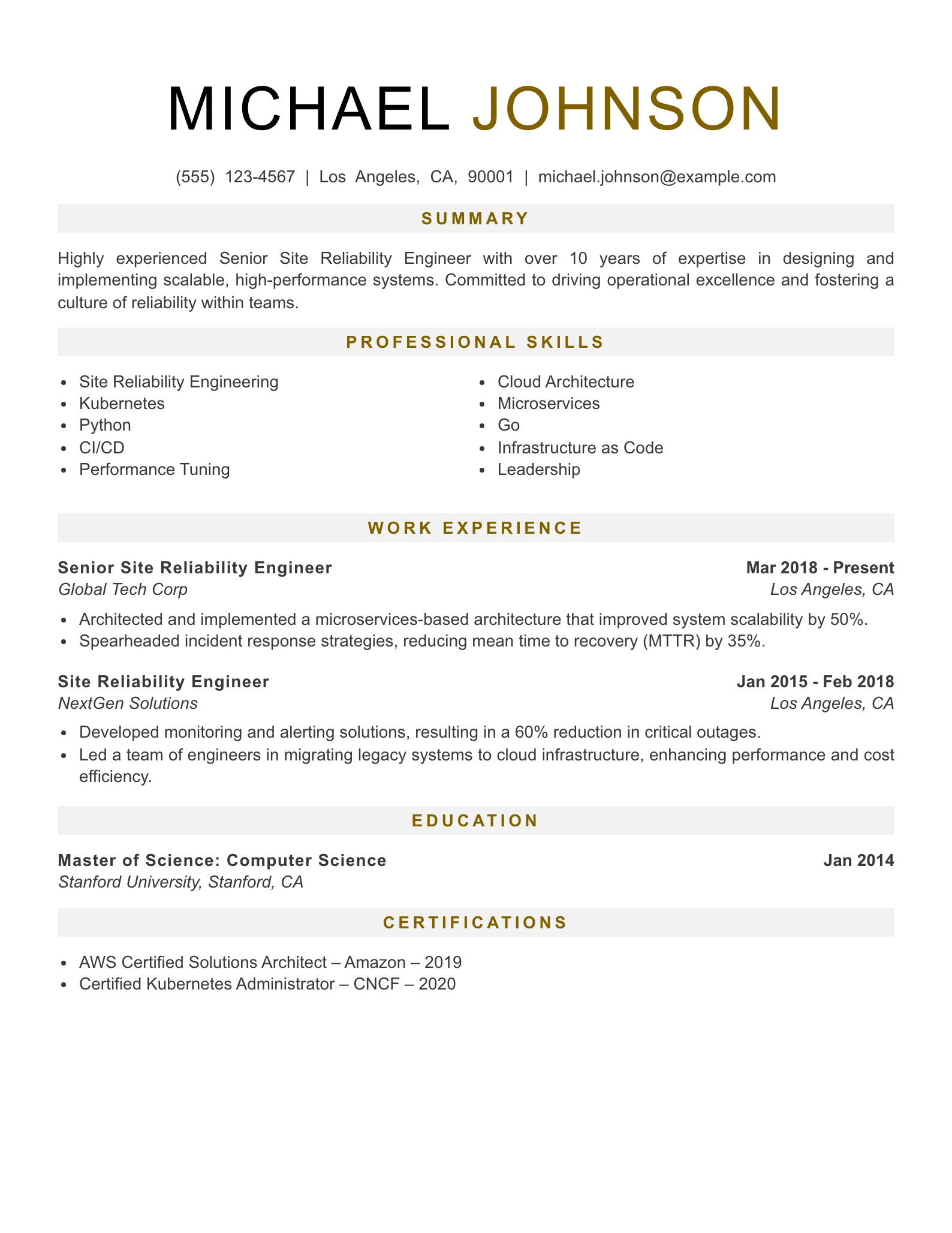 Senior Level Site Reliability Engineer Resume Example