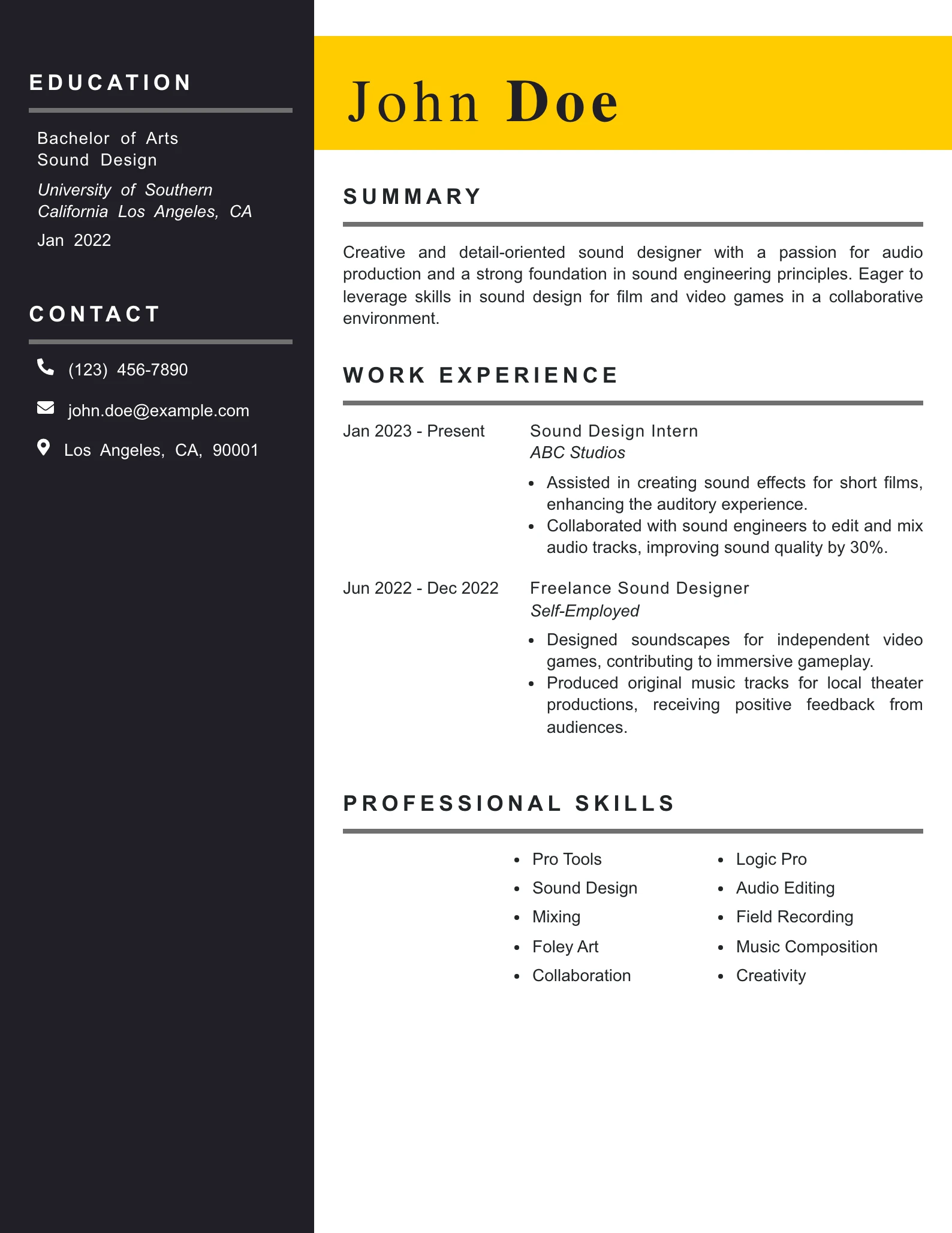 Entry Level Sound Designer Resume Example