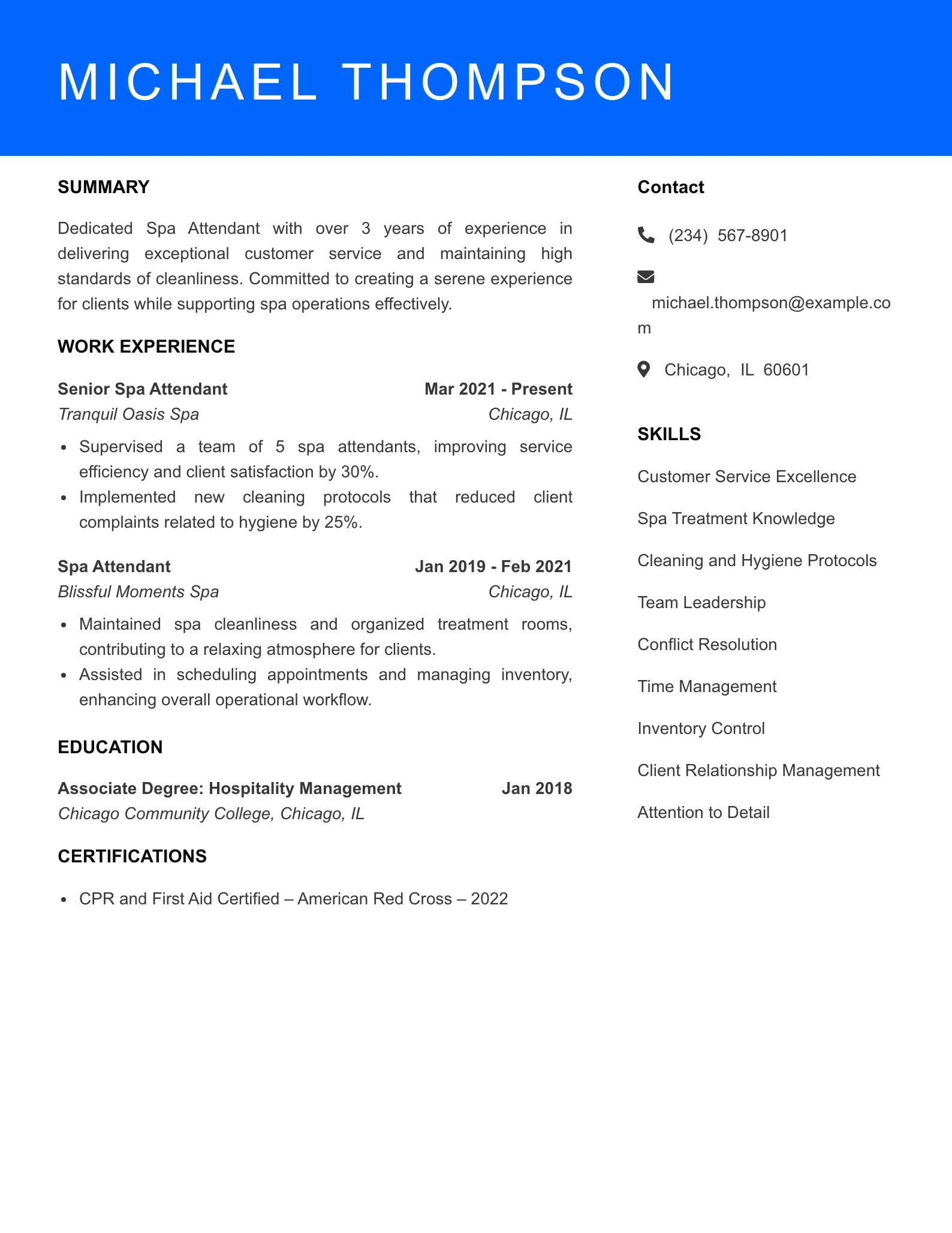 Mid Level Spa Attendant Resume Sample