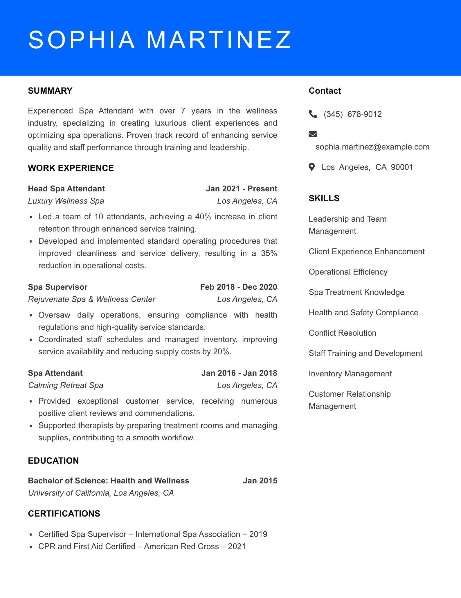 Senior Level Spa Attendant Resume Sample